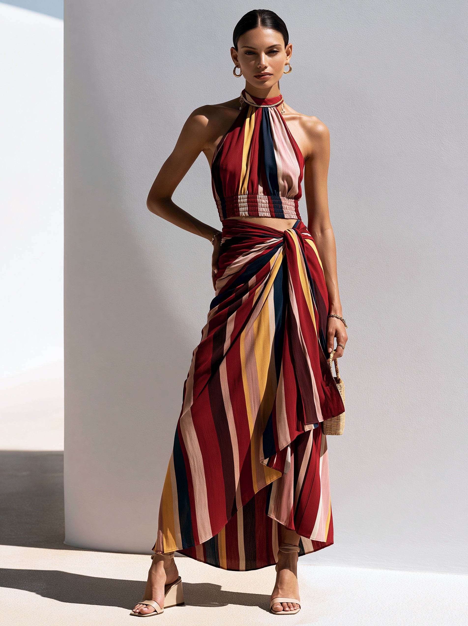 Striped Halter-Neck Dress | A Blend Of Modern Resort Style And Elegant Sophistication