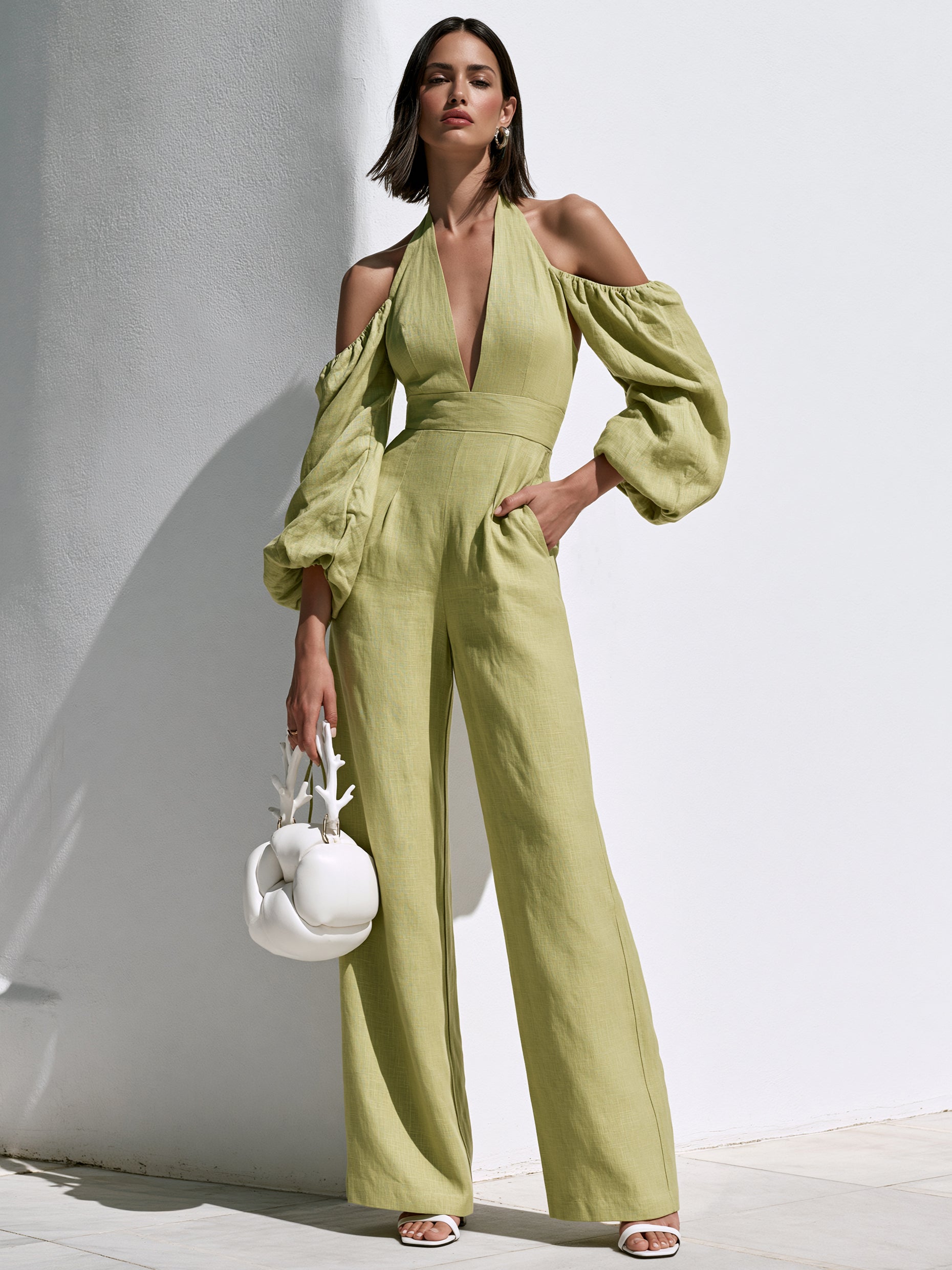 Lime Green Linen Halter Neck Cold-Shoulder Balloon Sleeve Jumpsuit