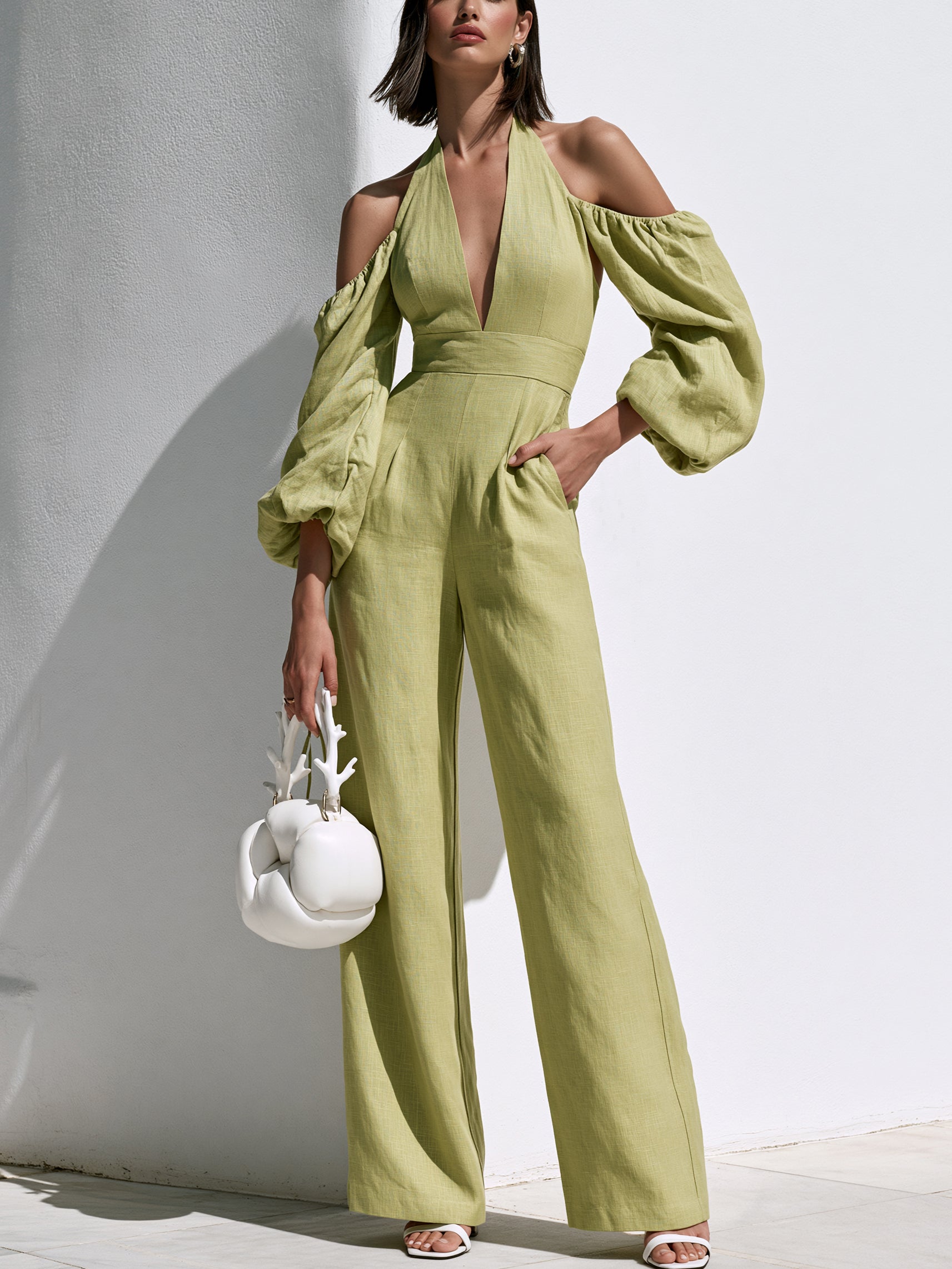 Lime Green Linen Halter Neck Cold-Shoulder Balloon Sleeve Jumpsuit