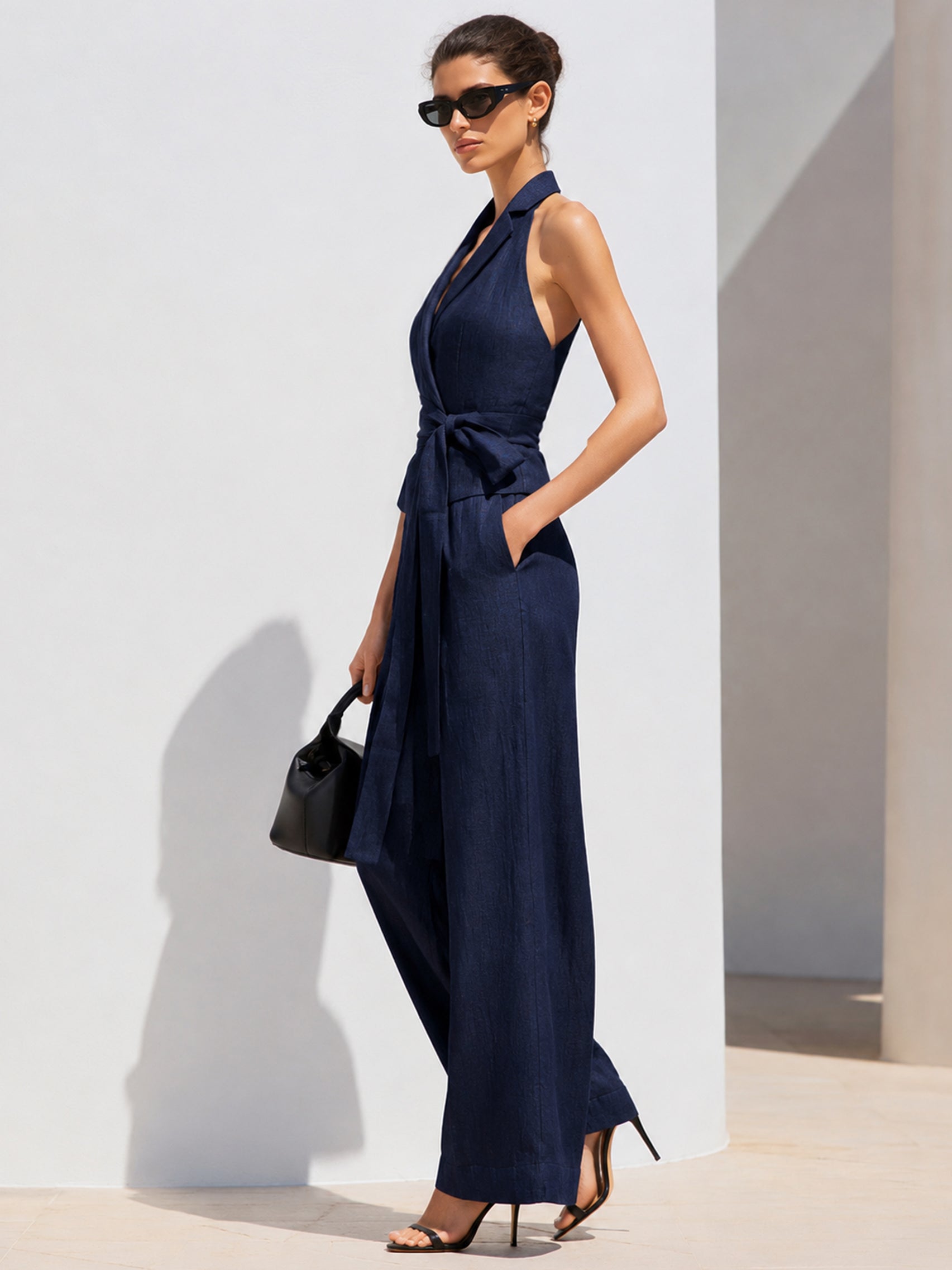 Elegant Navy Linen Halter Blazer Top & Wide Leg Trouser Set