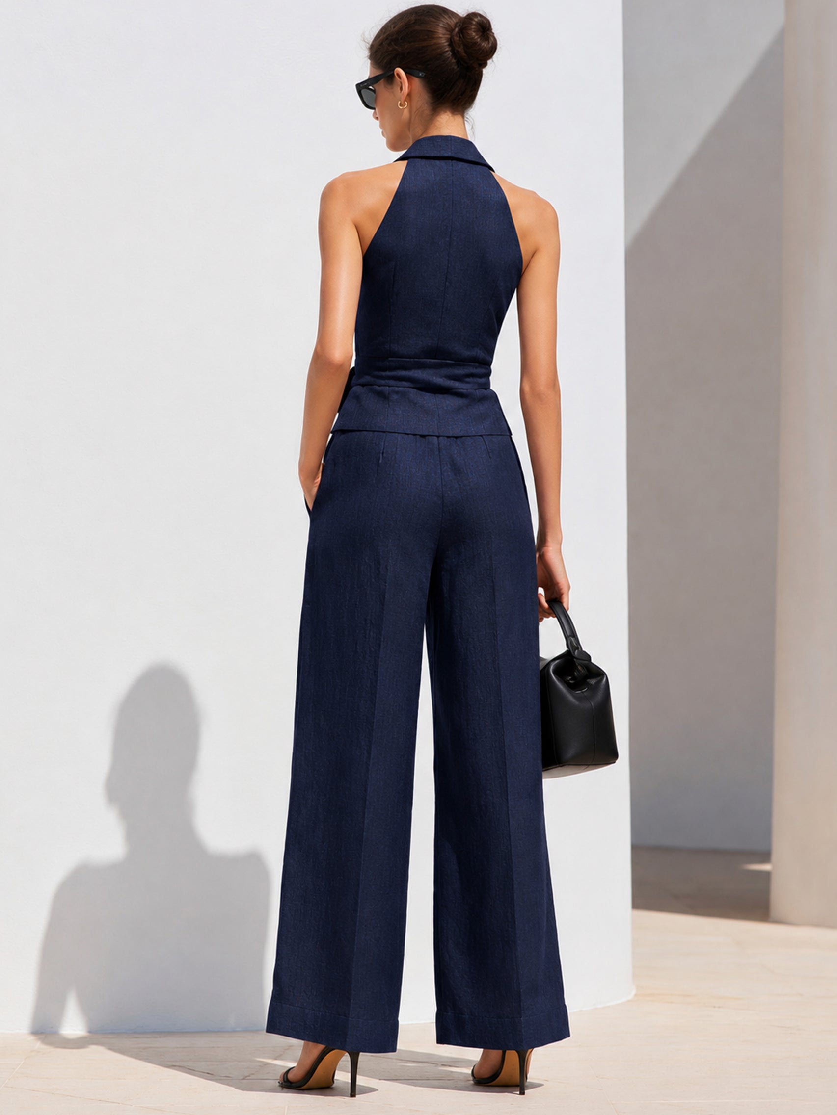 Elegant Navy Linen Halter Blazer Top & Wide Leg Trouser Set