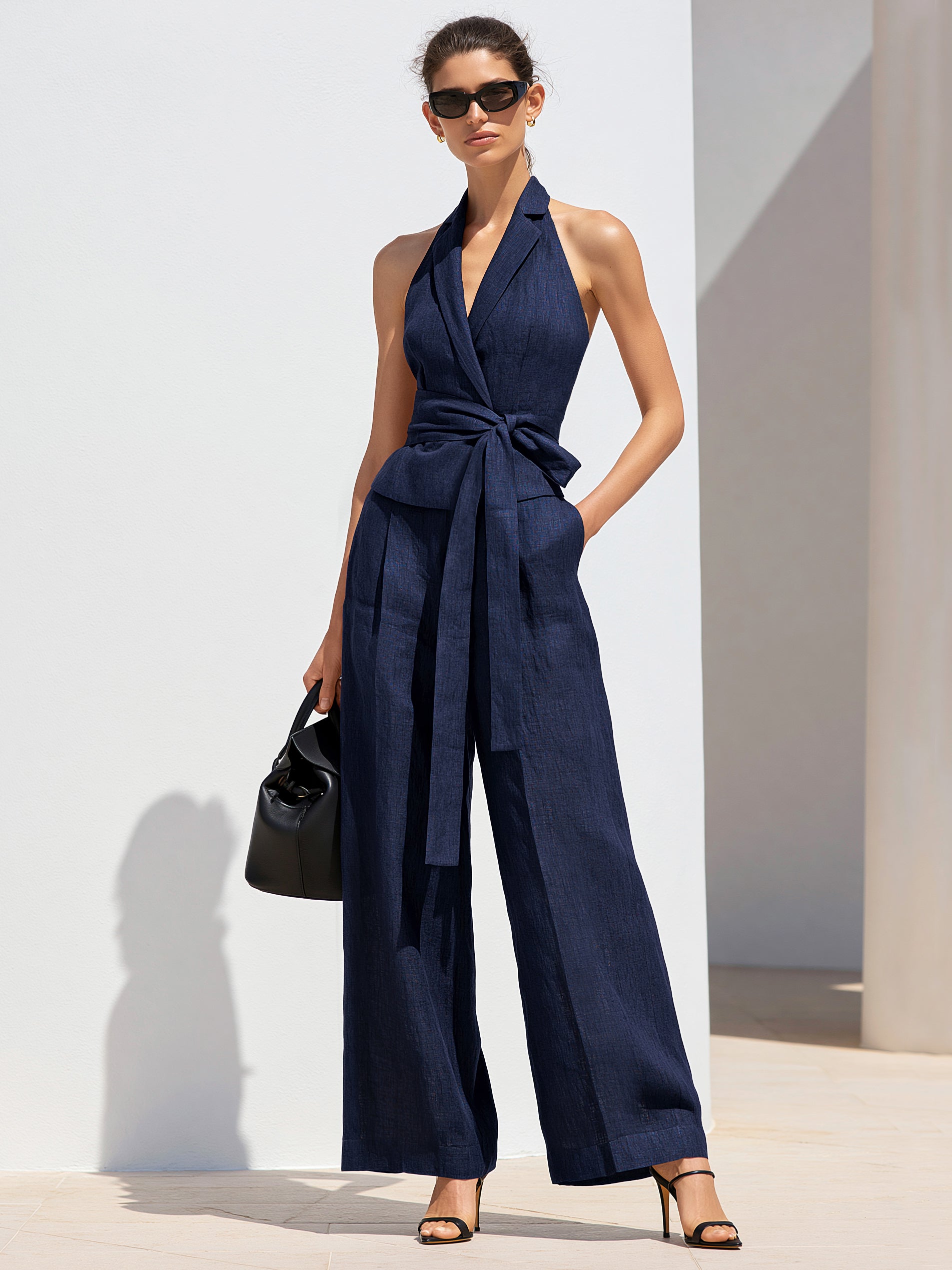 Elegant Navy Linen Halter Blazer Top & Wide Leg Trouser Set