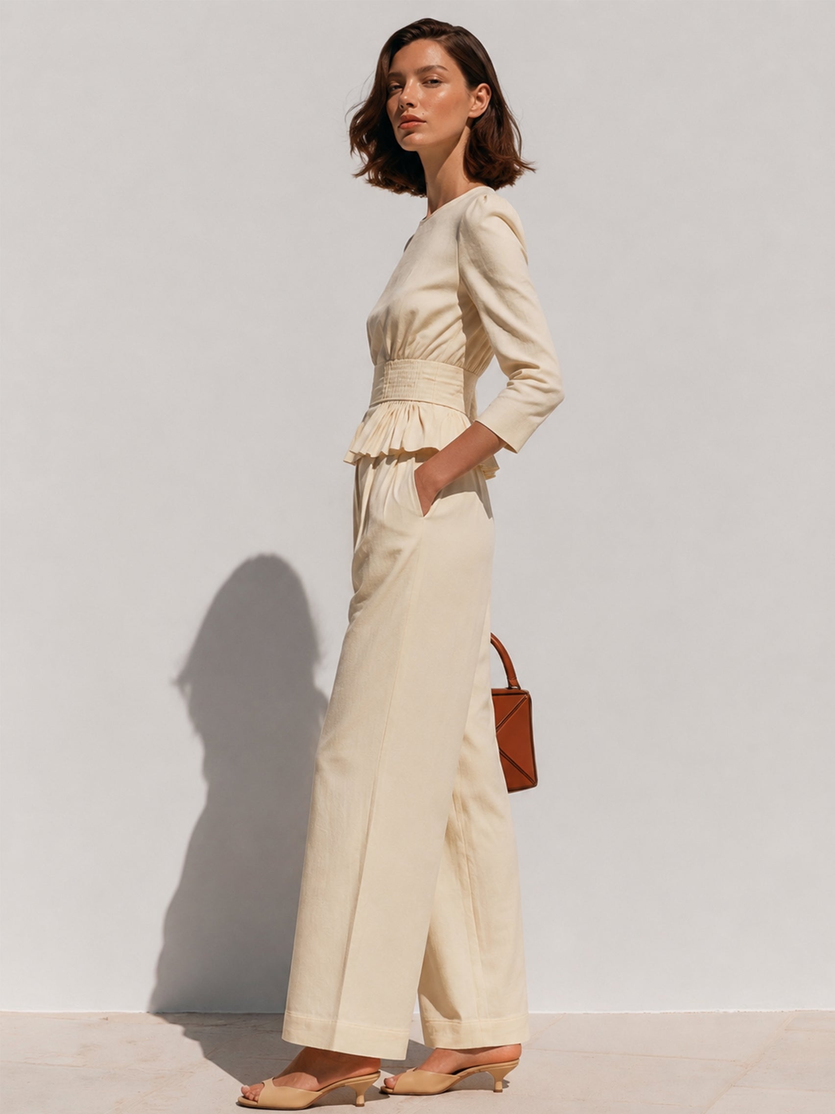 Linen Peplum 3/4 Sleeve Top & Wide Leg Trouser Set