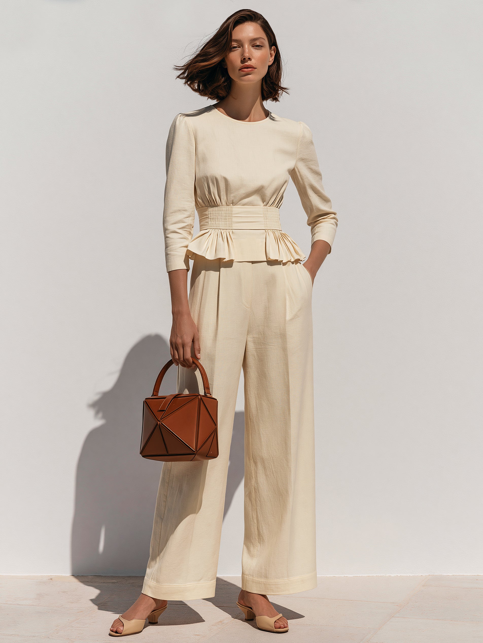 Linen Peplum 3/4 Sleeve Top & Wide Leg Trouser Set