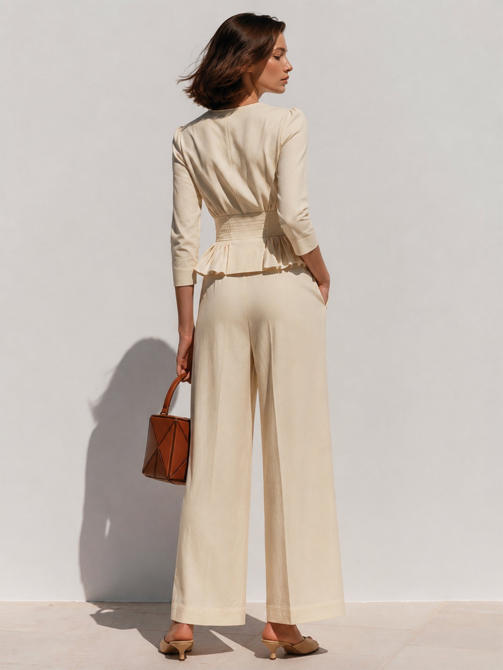 Linen Peplum 3/4 Sleeve Top & Wide Leg Trouser Set