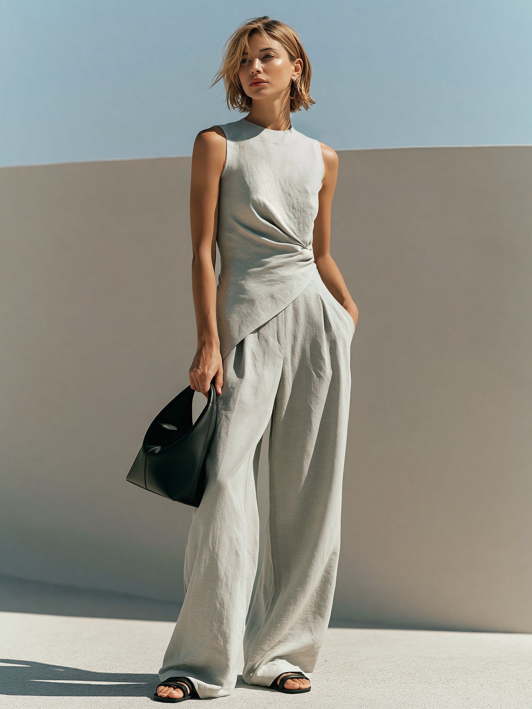 ✦ SHIP WITHIN 24HRS ✦ Linen Grey Asymmetric Top & Wide Leg Trouser Set