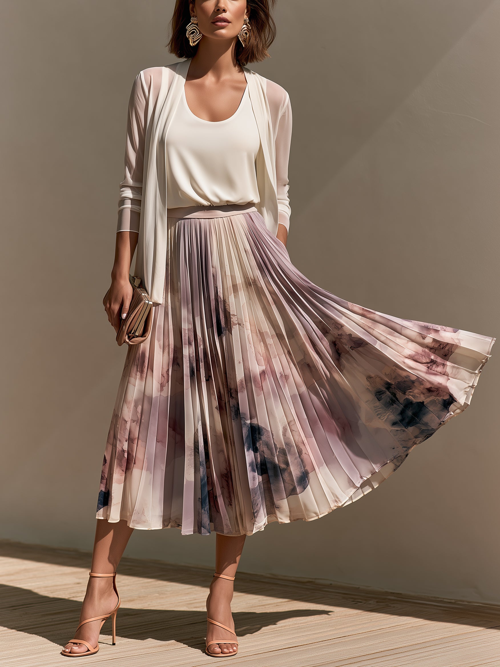 Three-Piece Set: Pleated Printed Skirt With An Oil-Painting Aesthetic