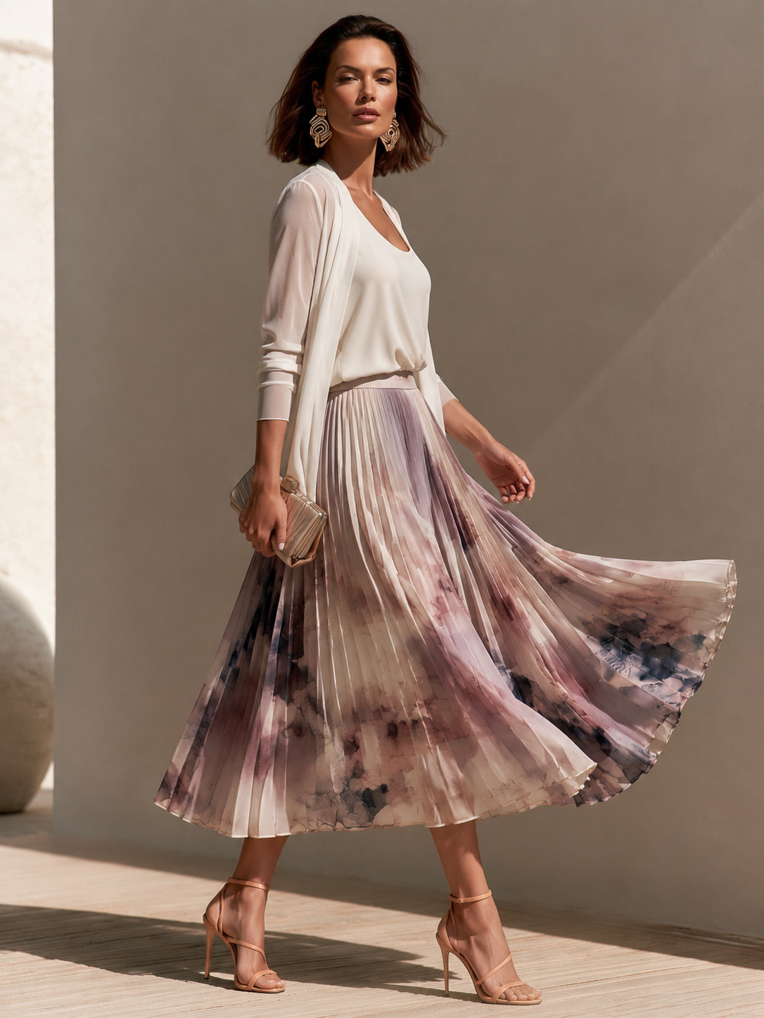 Three-Piece Set: Pleated Printed Skirt With An Oil-Painting Aesthetic
