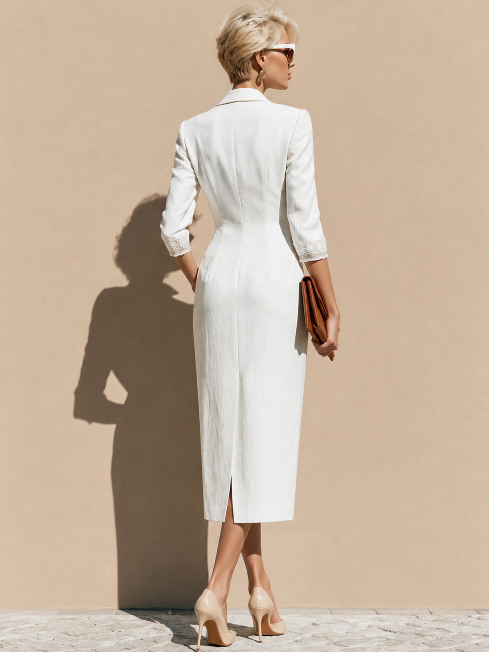 Linen Blazer Three-guarter Sleeve  Midi Dress With Pearl Buttons & Lace Cuff Trim