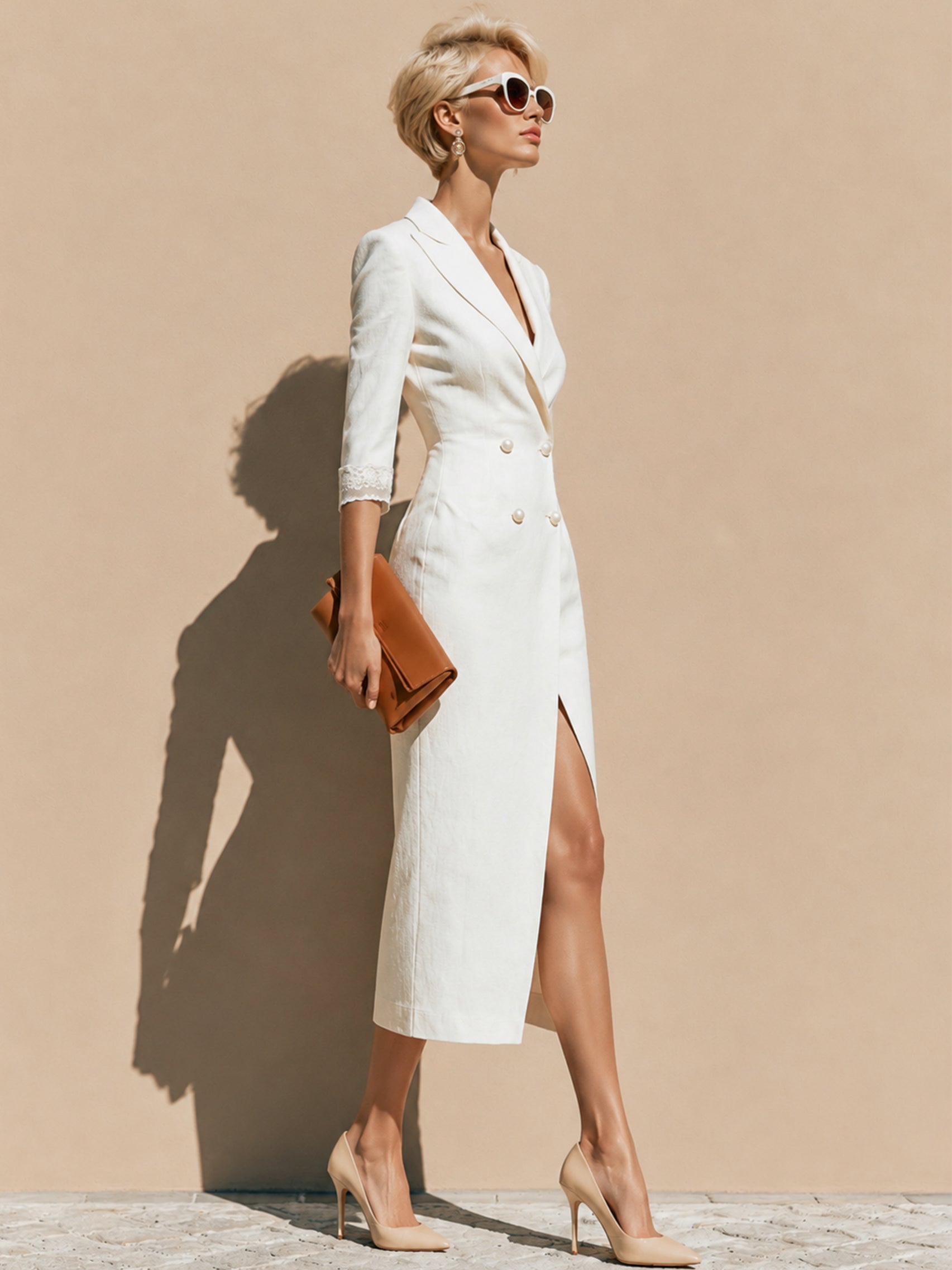 Linen Blazer Three-guarter Sleeve  Midi Dress With Pearl Buttons & Lace Cuff Trim