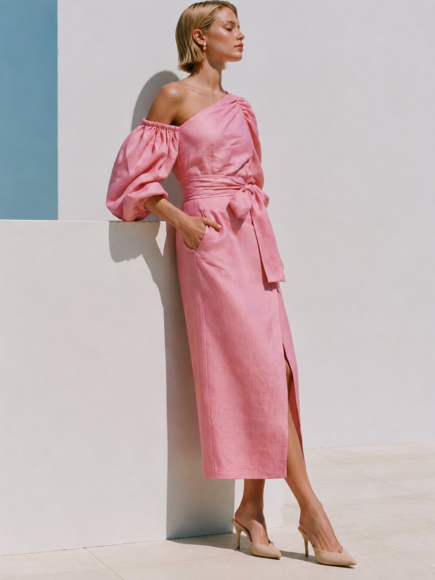Blush Pink Cotton Asymmetrical Off-Shoulder Midi Dress