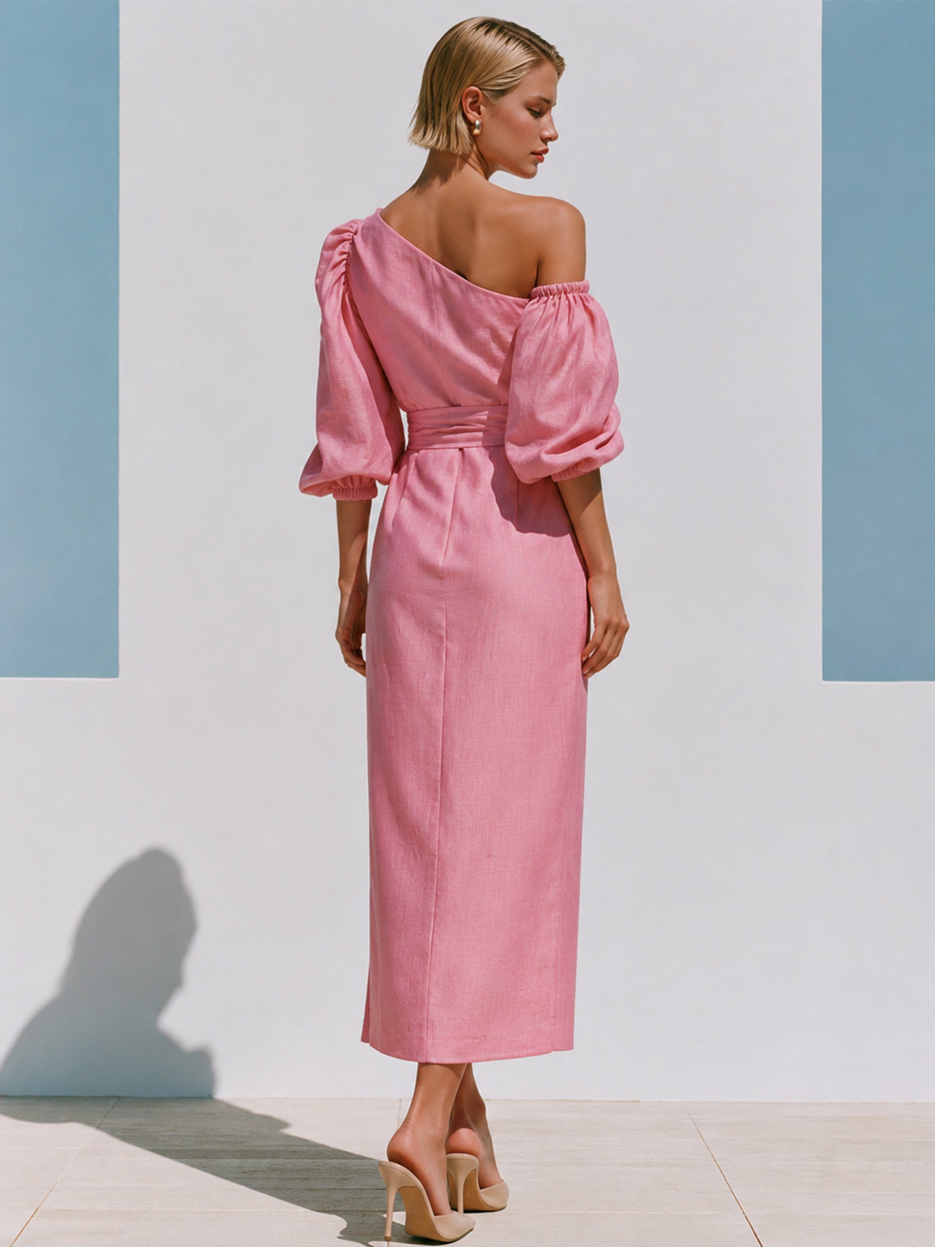 Blush Pink Cotton Asymmetrical Off-Shoulder Midi Dress