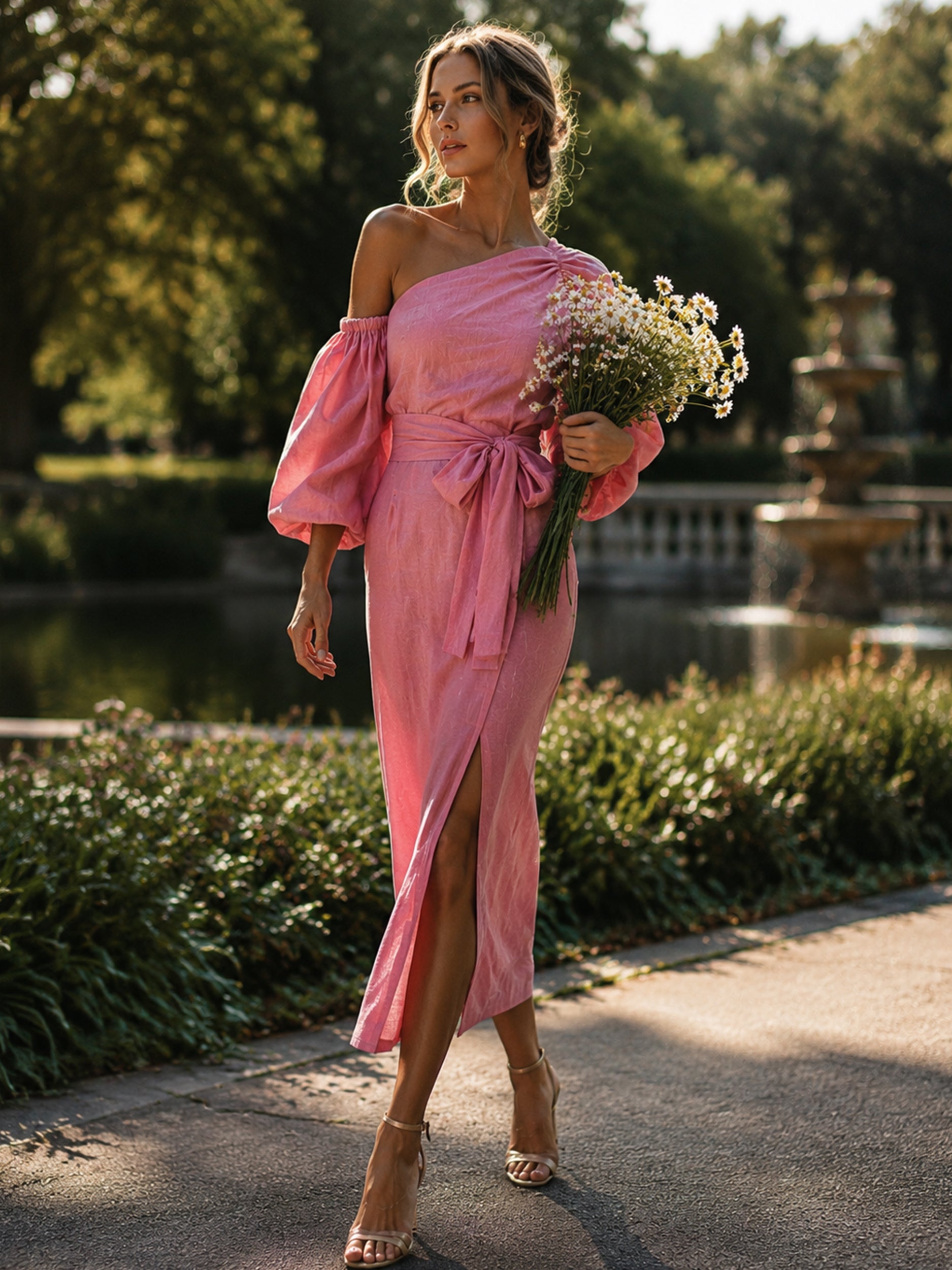 Blush Pink Cotton Asymmetrical Off-Shoulder Midi Dress