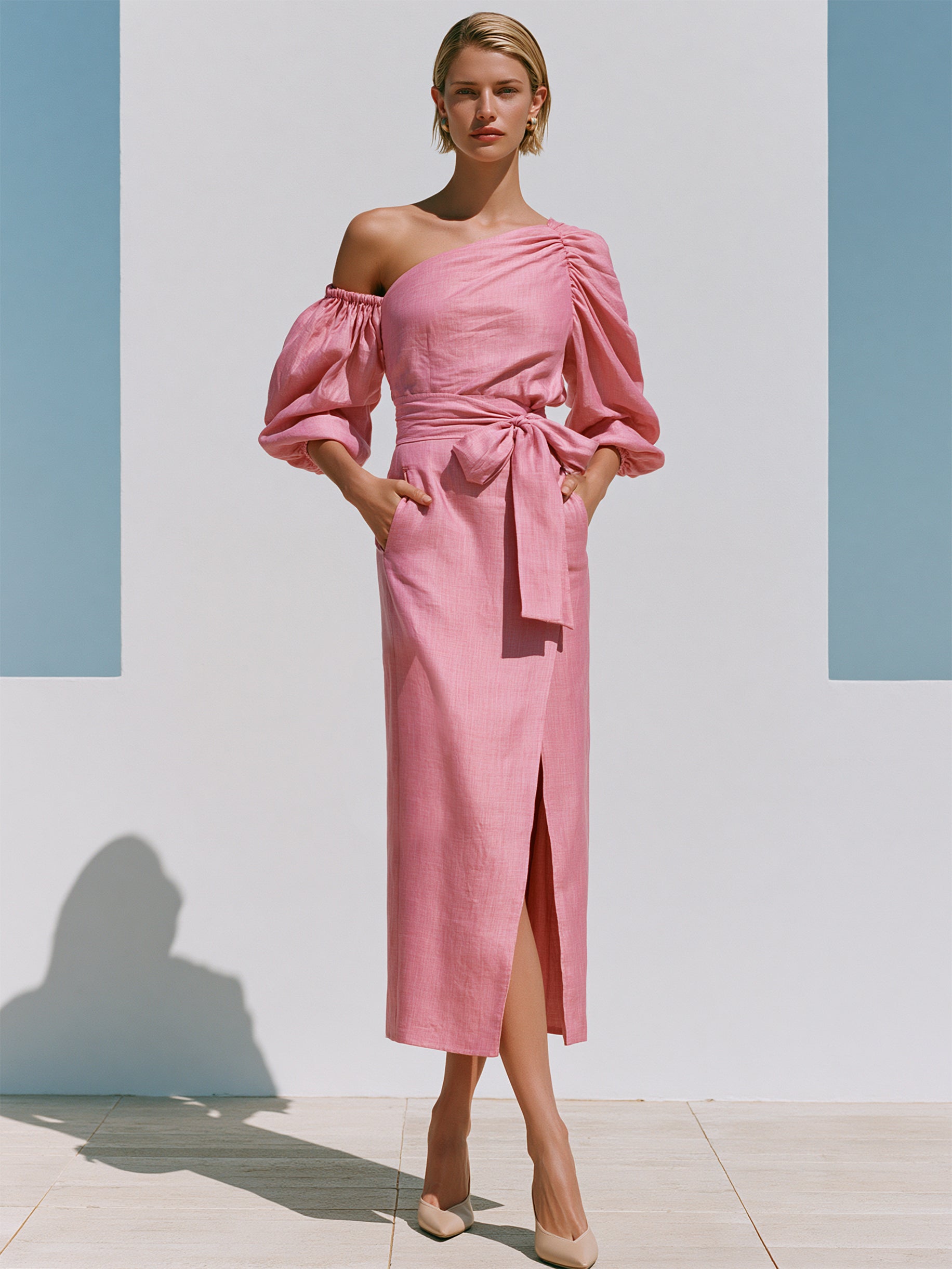 Blush Pink Cotton Asymmetrical Off-Shoulder Midi Dress