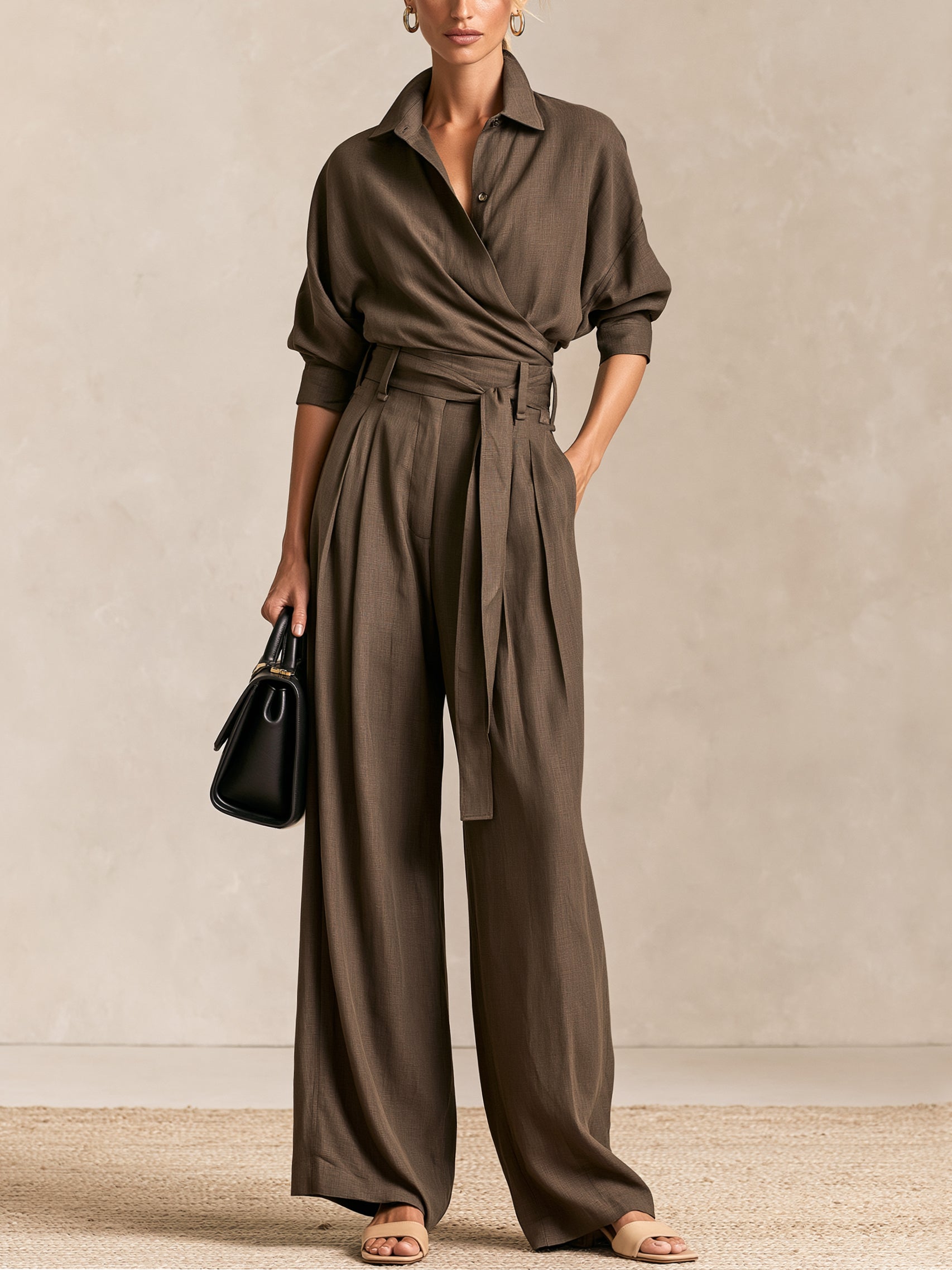 Taupe Three-quarter Sleeve Wrap Shirt  & Wide Leg Trouser  Set