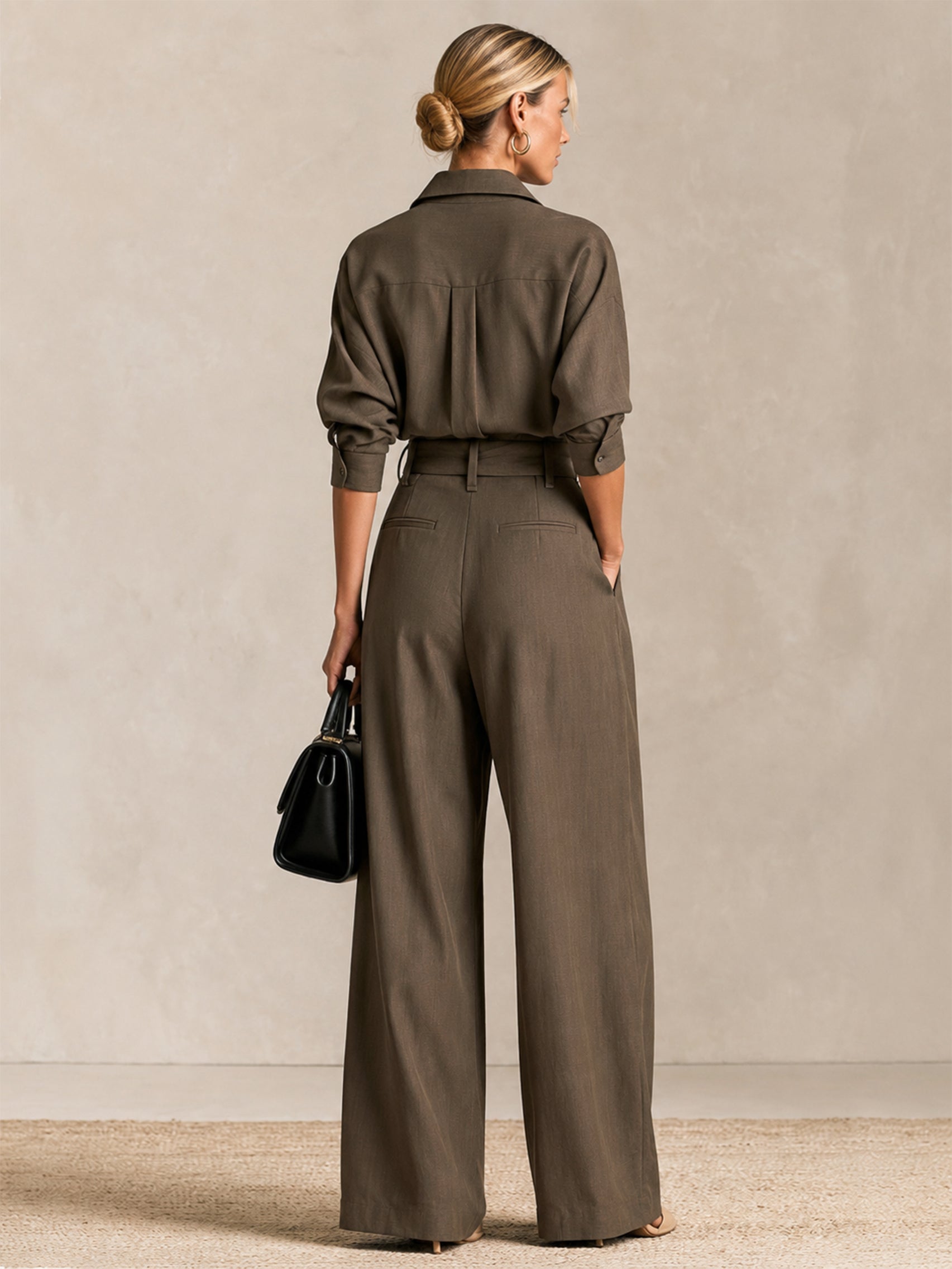 Taupe Three-quarter Sleeve Wrap Shirt  & Wide Leg Trouser  Set