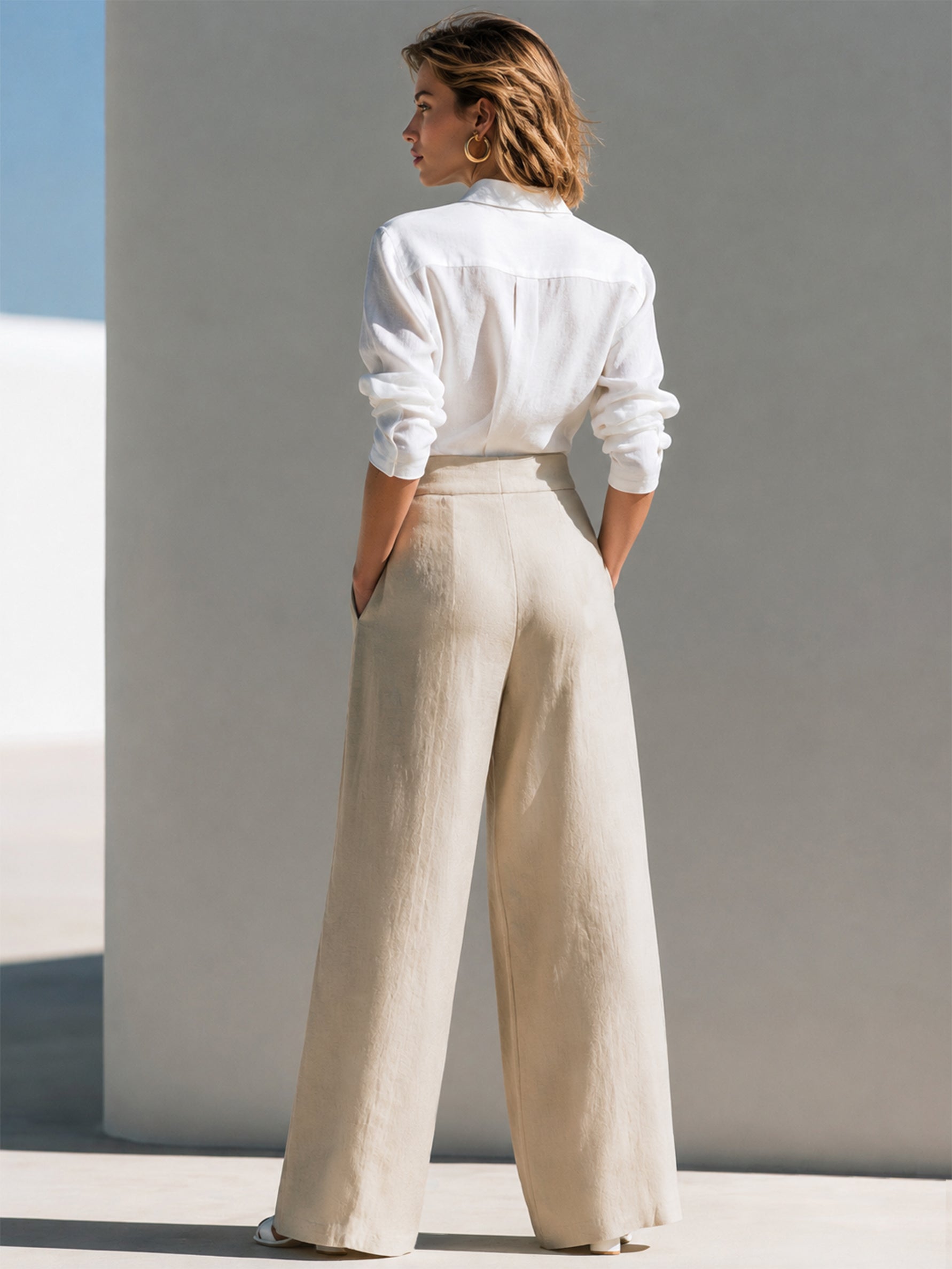 Linen  Wrap Crop Shirt & Eyelet Stitch Wide Leg Trouser Set