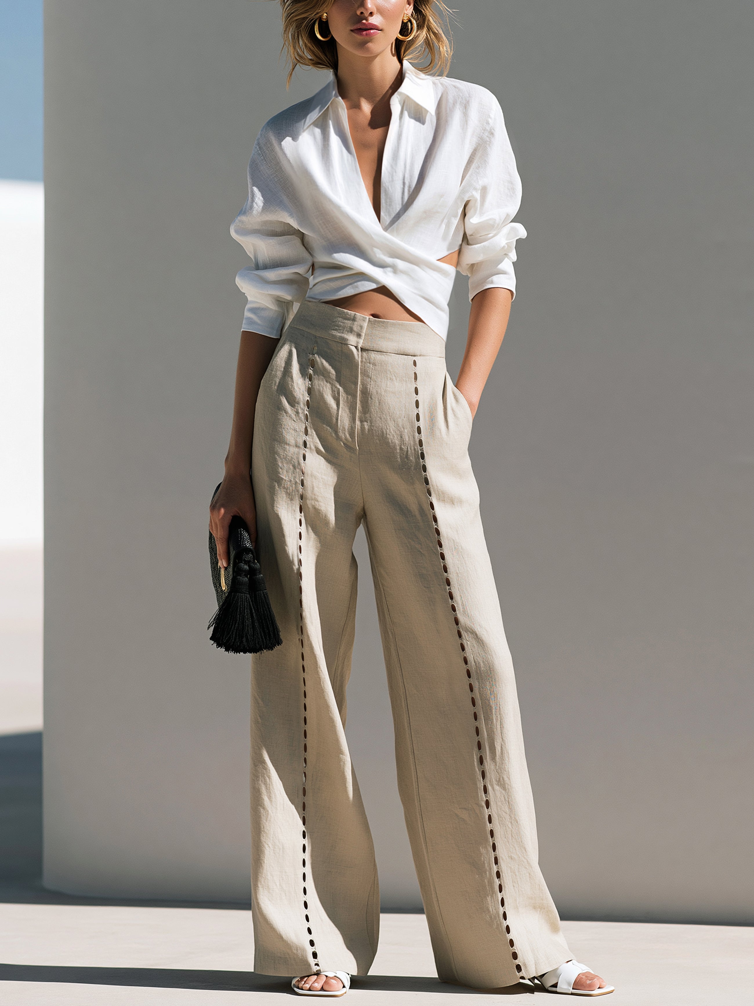 Linen  Wrap Crop Shirt & Eyelet Stitch Wide Leg Trouser Set
