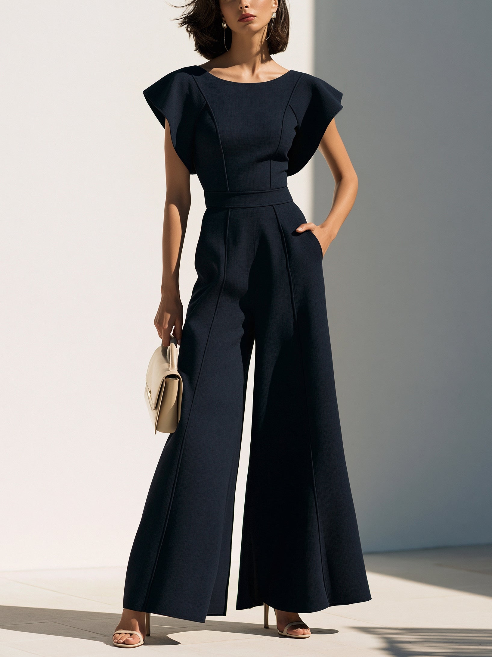 Sculpted Navy Wide-Leg Jumpsuit Set