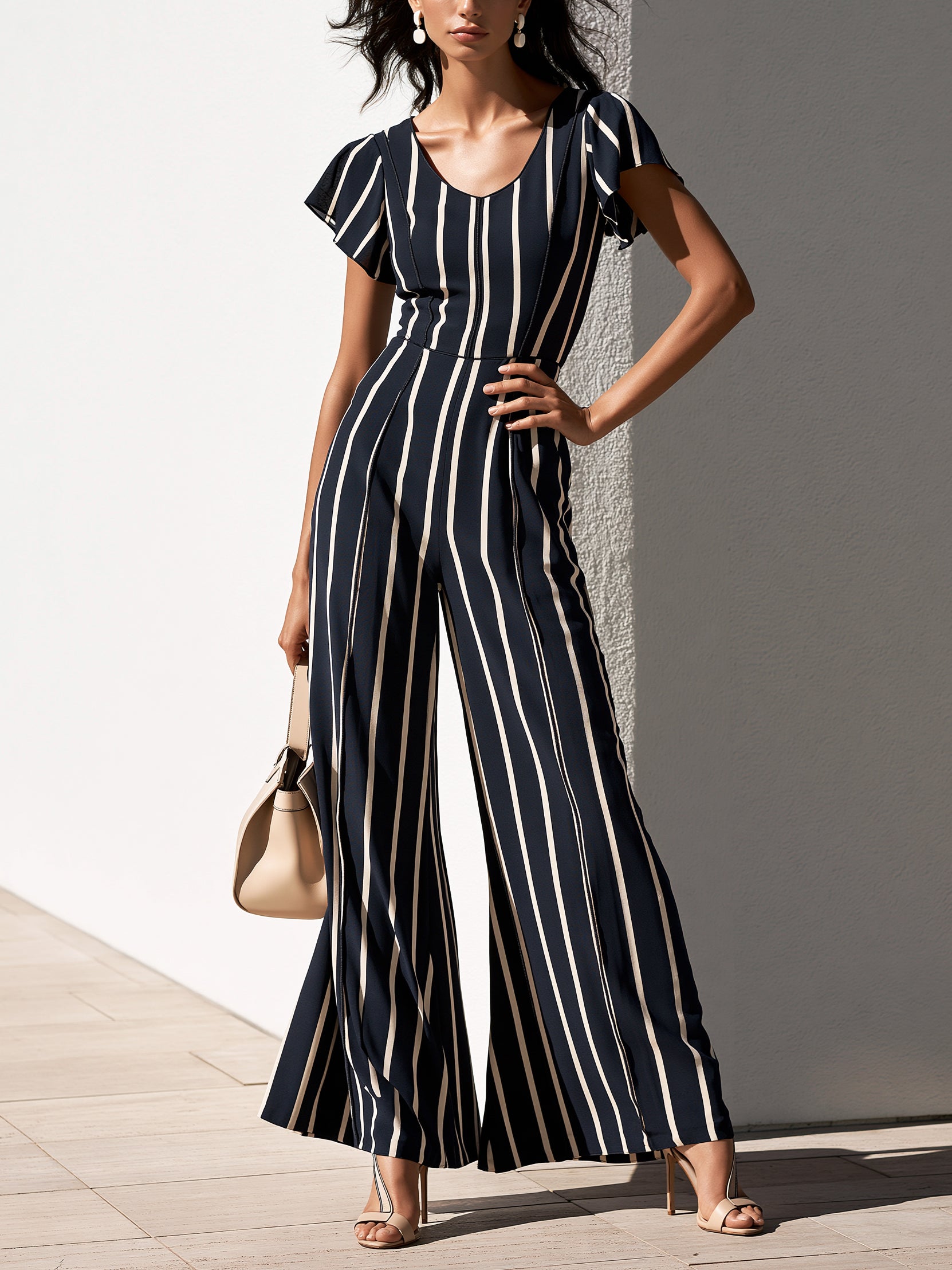 Stretchy smocked design-Navy Striped Wide-Leg Jumpsuit