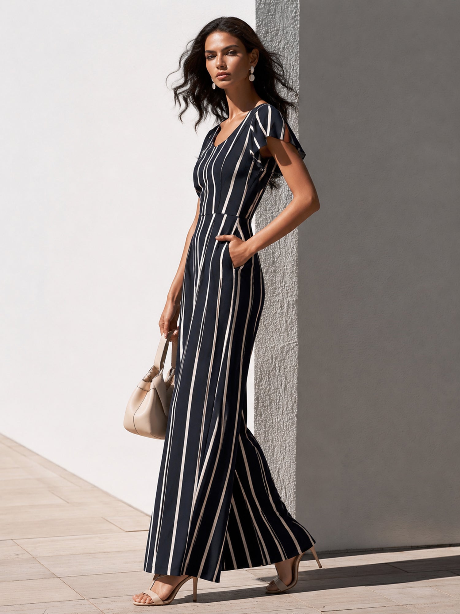 Stretchy smocked design-Navy Striped Wide-Leg Jumpsuit