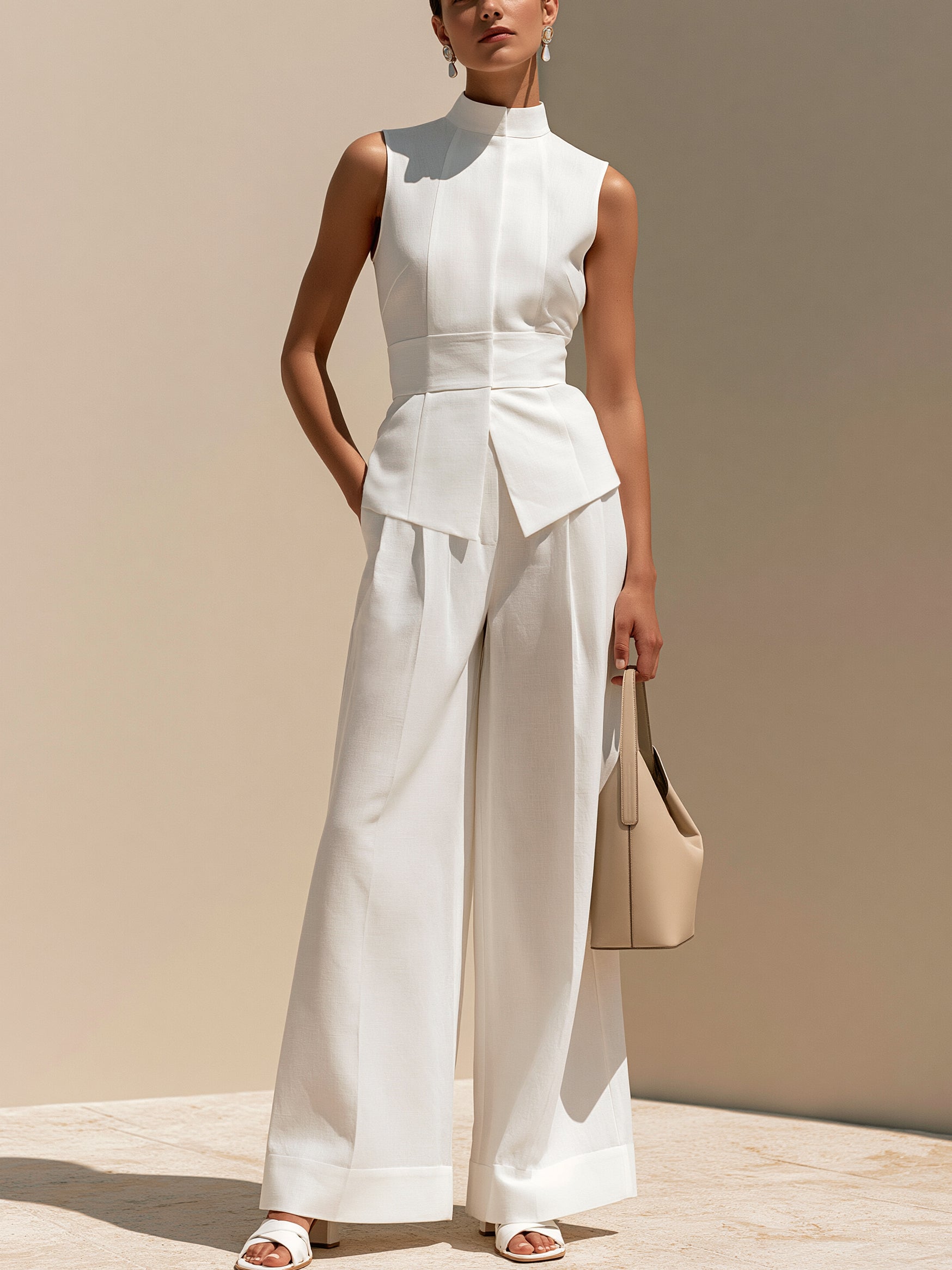 White Linen Stand Collar Sleeveless Vest &  Wide Leg Trouser Set