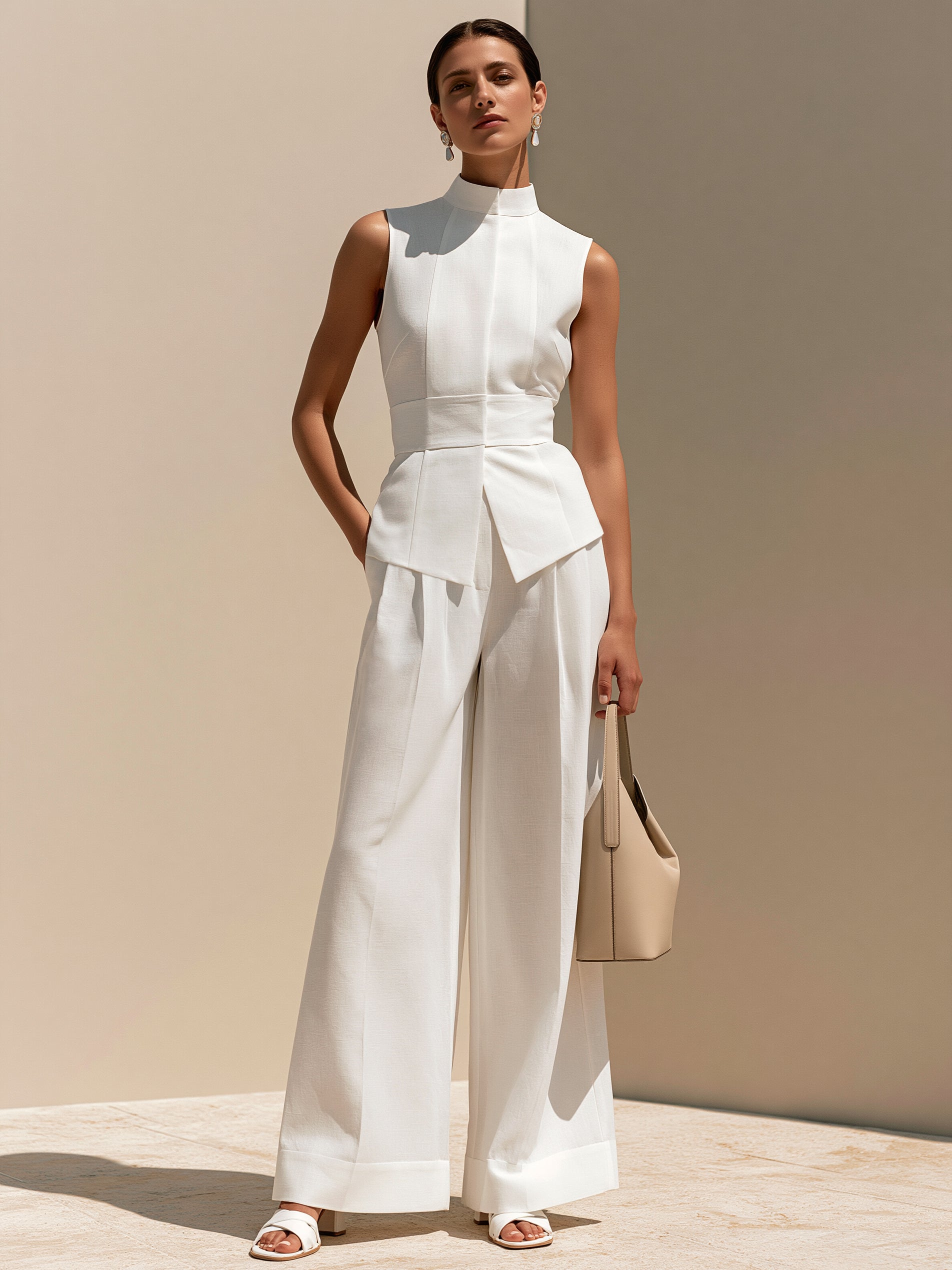 White Linen Stand Collar Sleeveless Vest &  Wide Leg Trouser Set