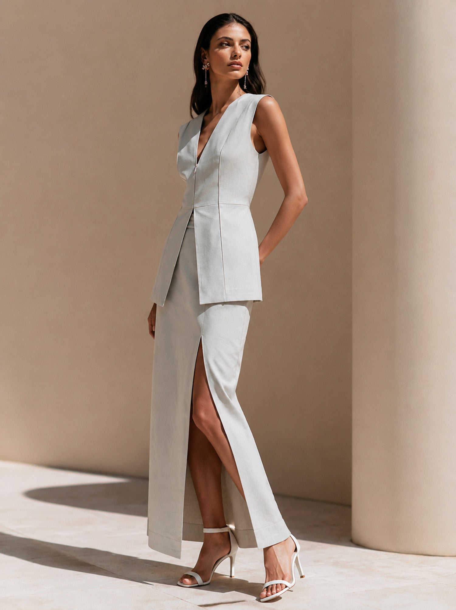 Minimalist Structured V-Neck Slit Dres