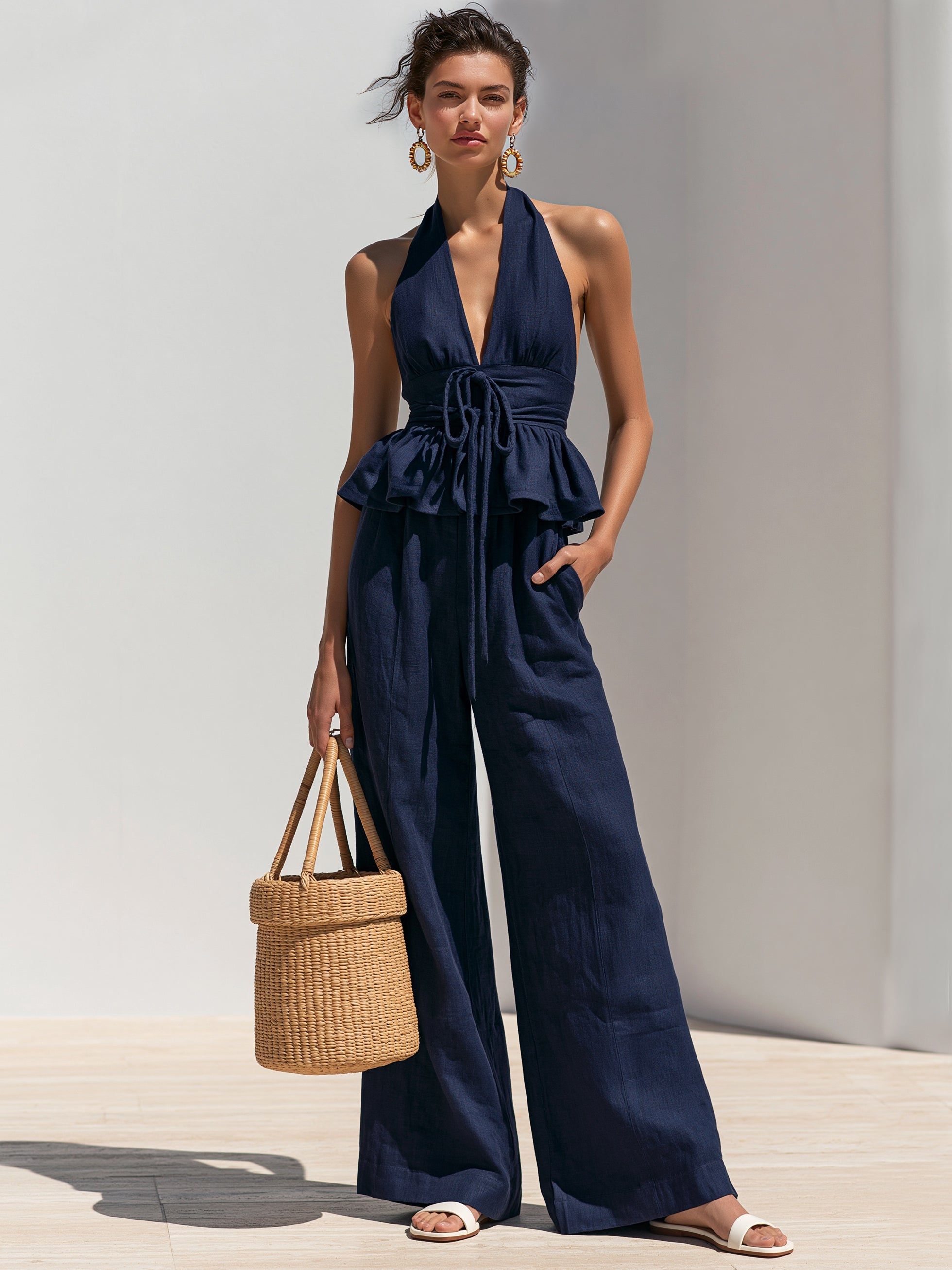 Navy Linen Halter Peplum Top & Wide Leg Trouser Set