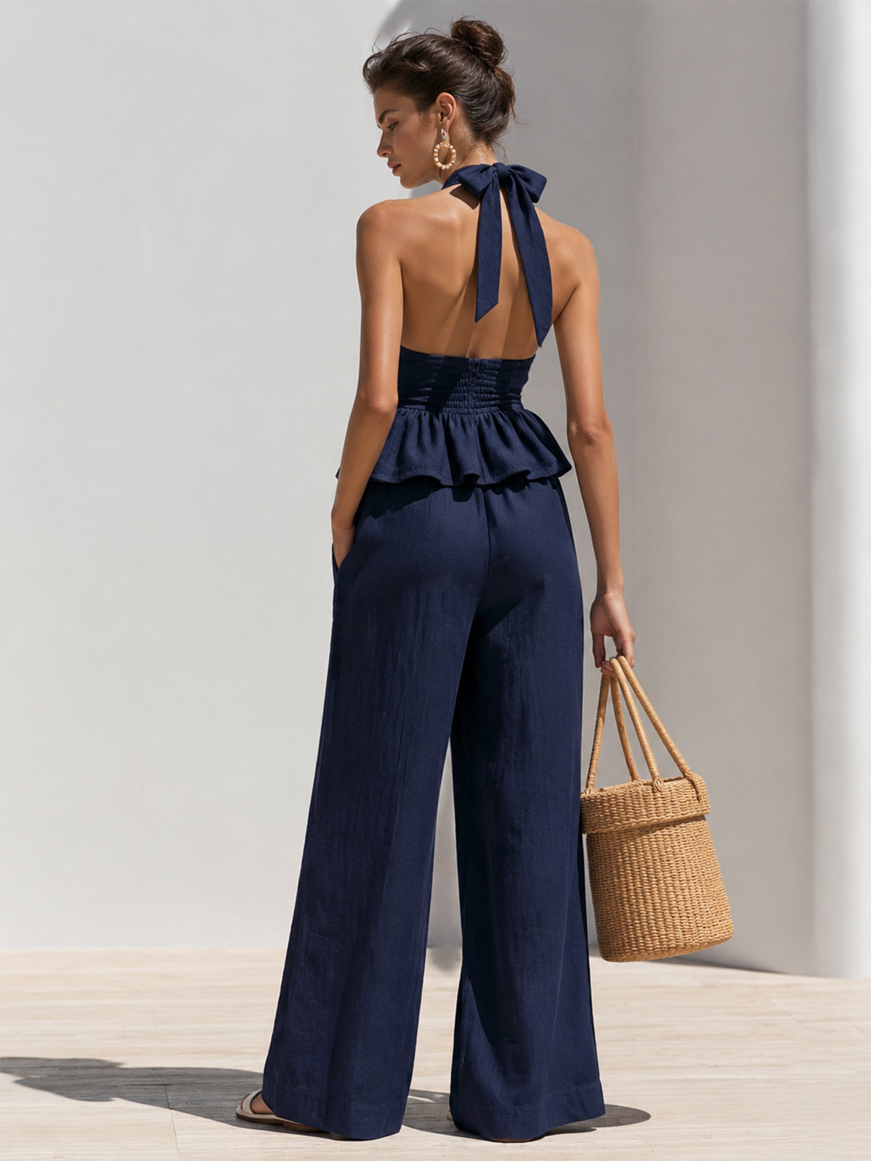 Navy Linen Halter Peplum Top & Wide Leg Trouser Set