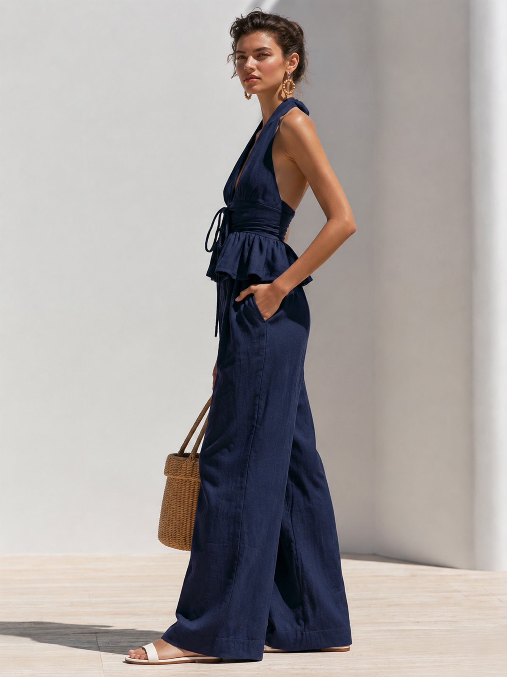 Navy Linen Halter Peplum Top & Wide Leg Trouser Set