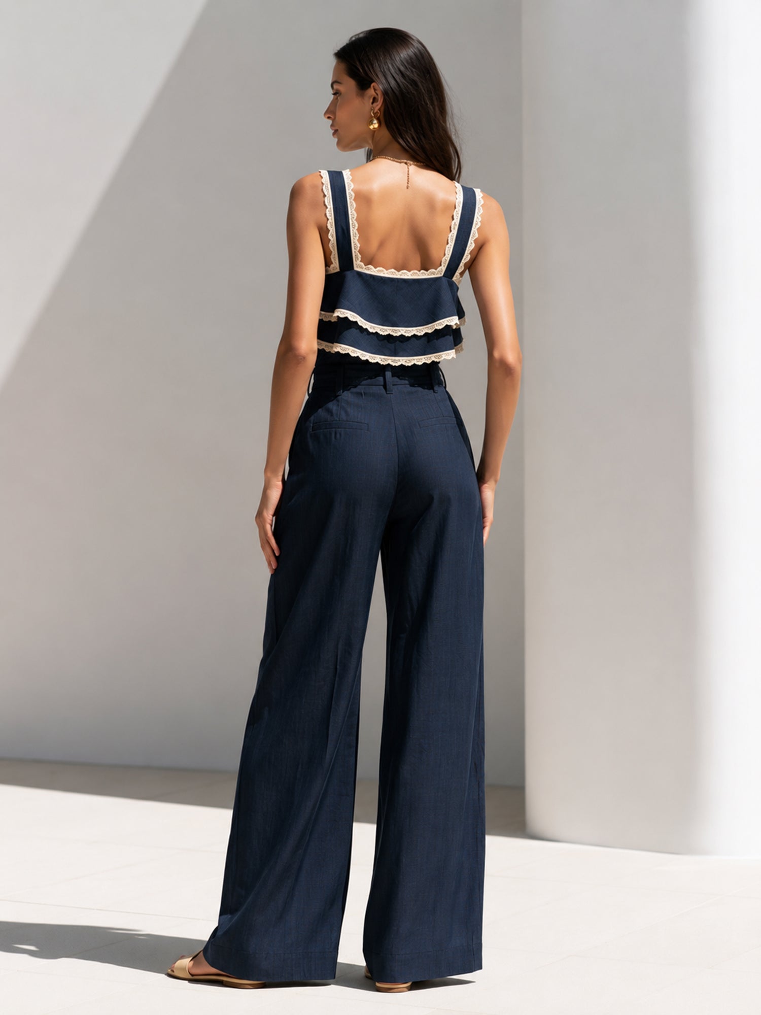 French-Style Lace-Paneled Ruffle Jumpsuit