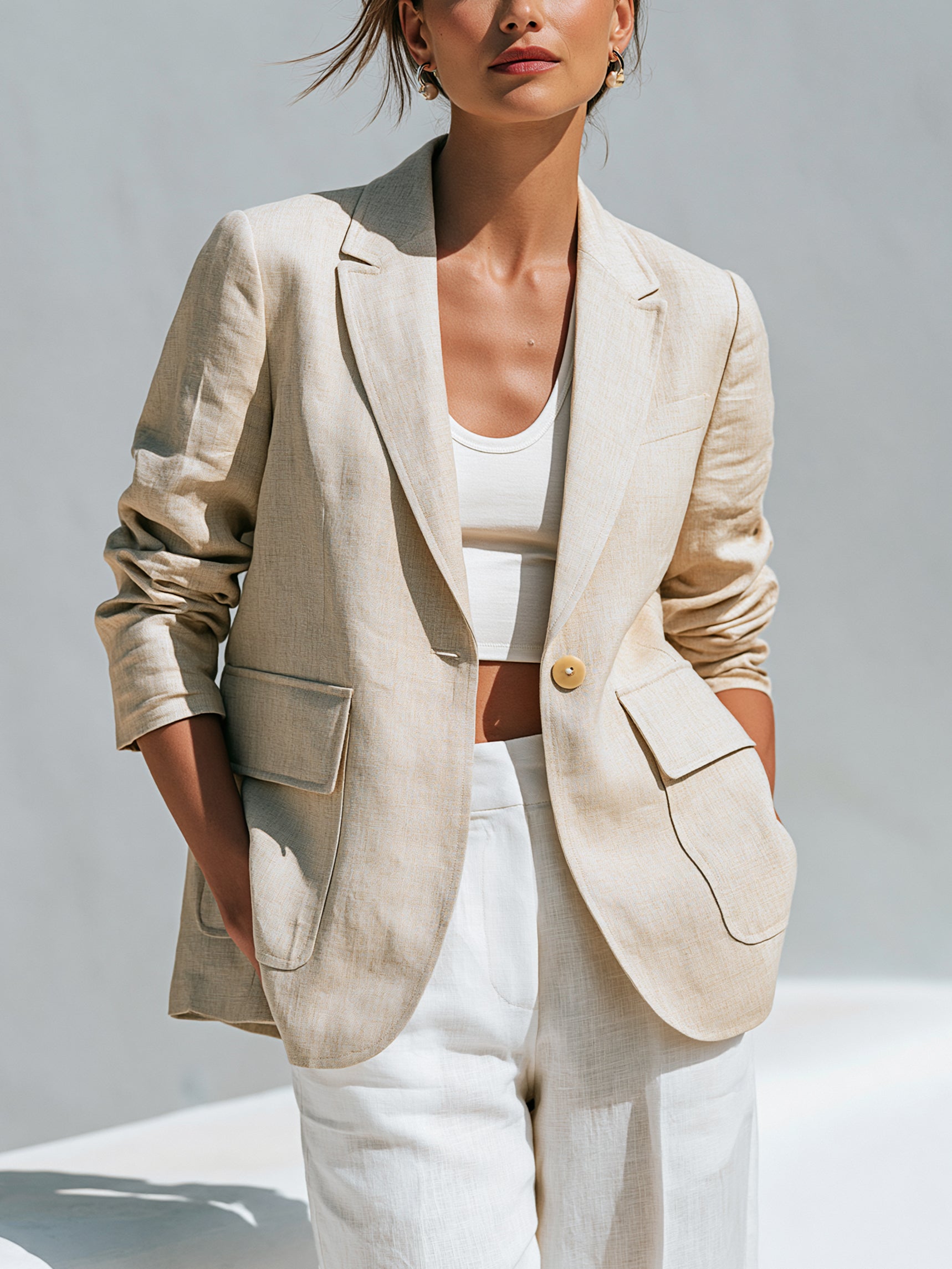 Elegant Relaxed Linen Three-Quarter Sleeves Single Button Blazer