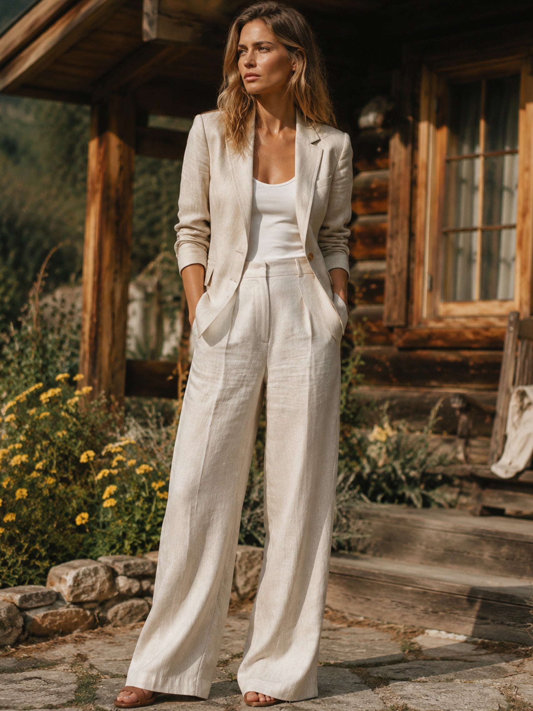 Elegant Relaxed Linen Three-Quarter Sleeves Single Button Blazer