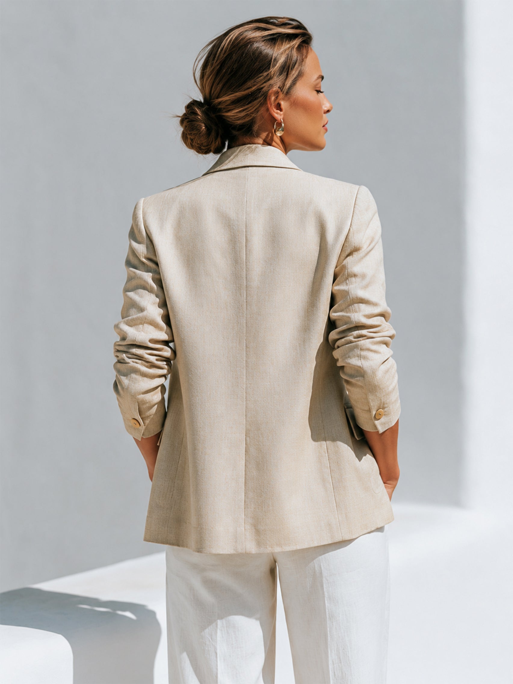 Elegant Relaxed Linen Three-Quarter Sleeves Single Button Blazer