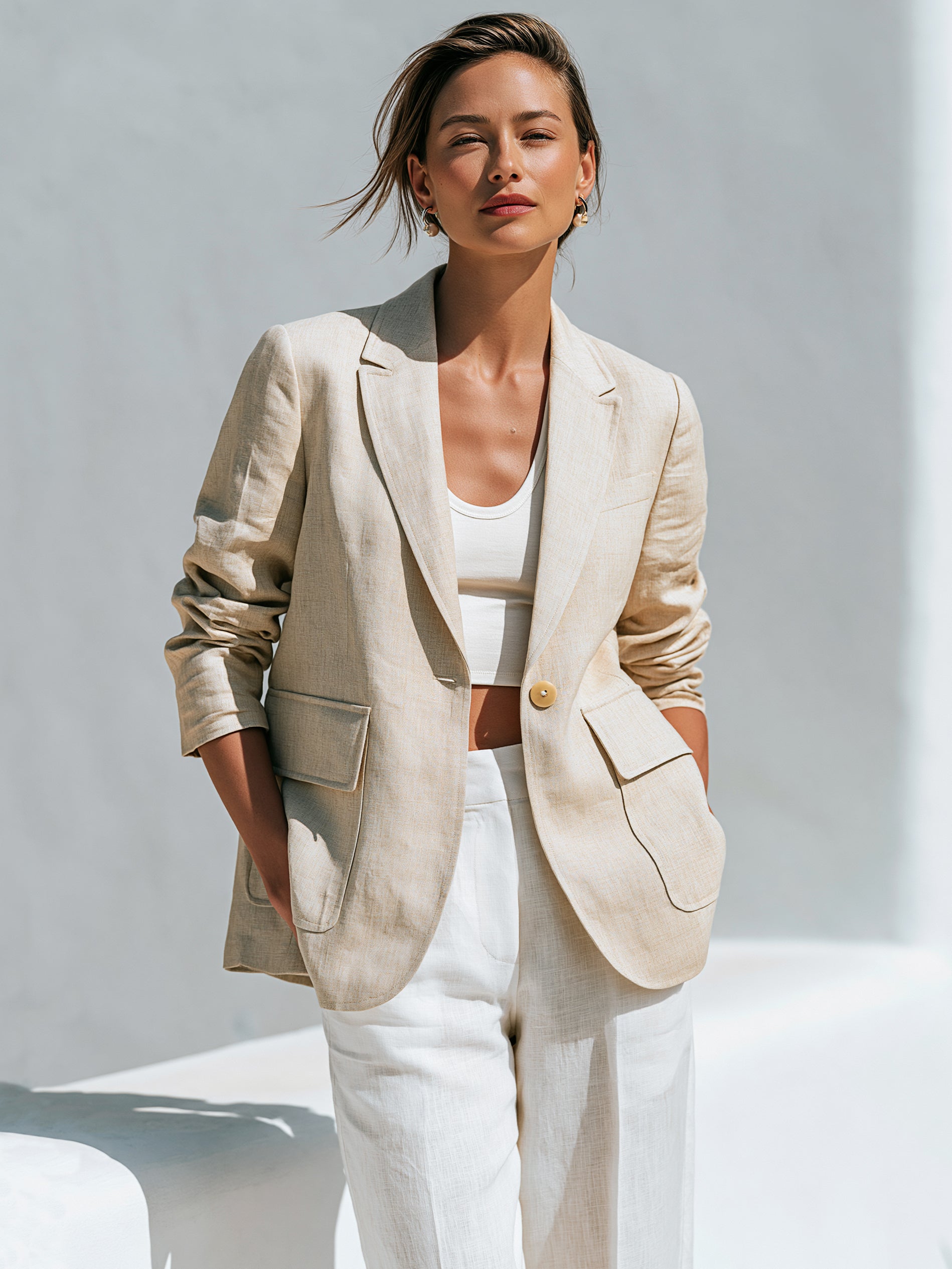 Elegant Relaxed Linen Three-Quarter Sleeves Single Button Blazer