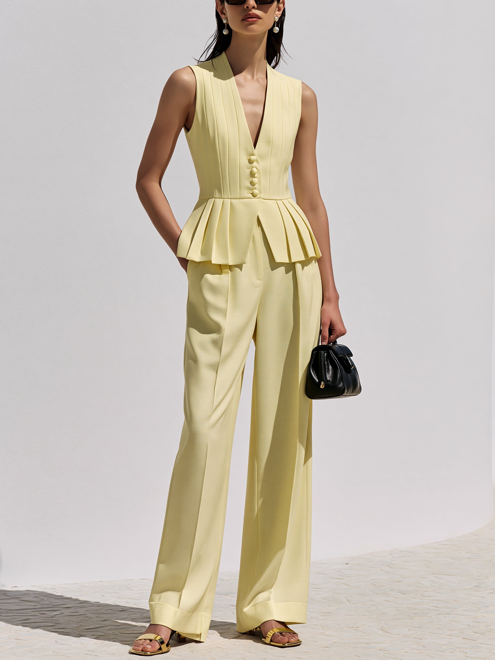 Butter Yellow Tailored Pleated Waistcoat & Wide Leg Trouser Set