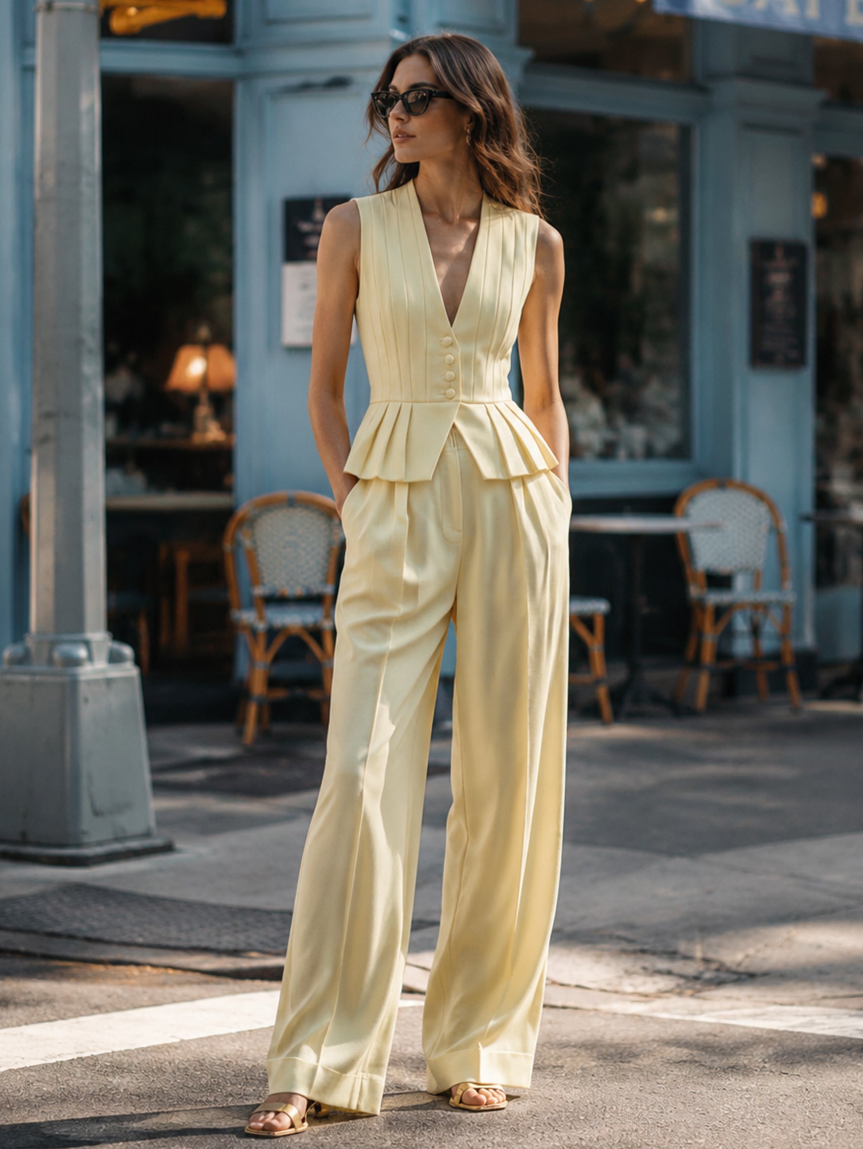 Butter Yellow Tailored Pleated Waistcoat & Wide Leg Trouser Set