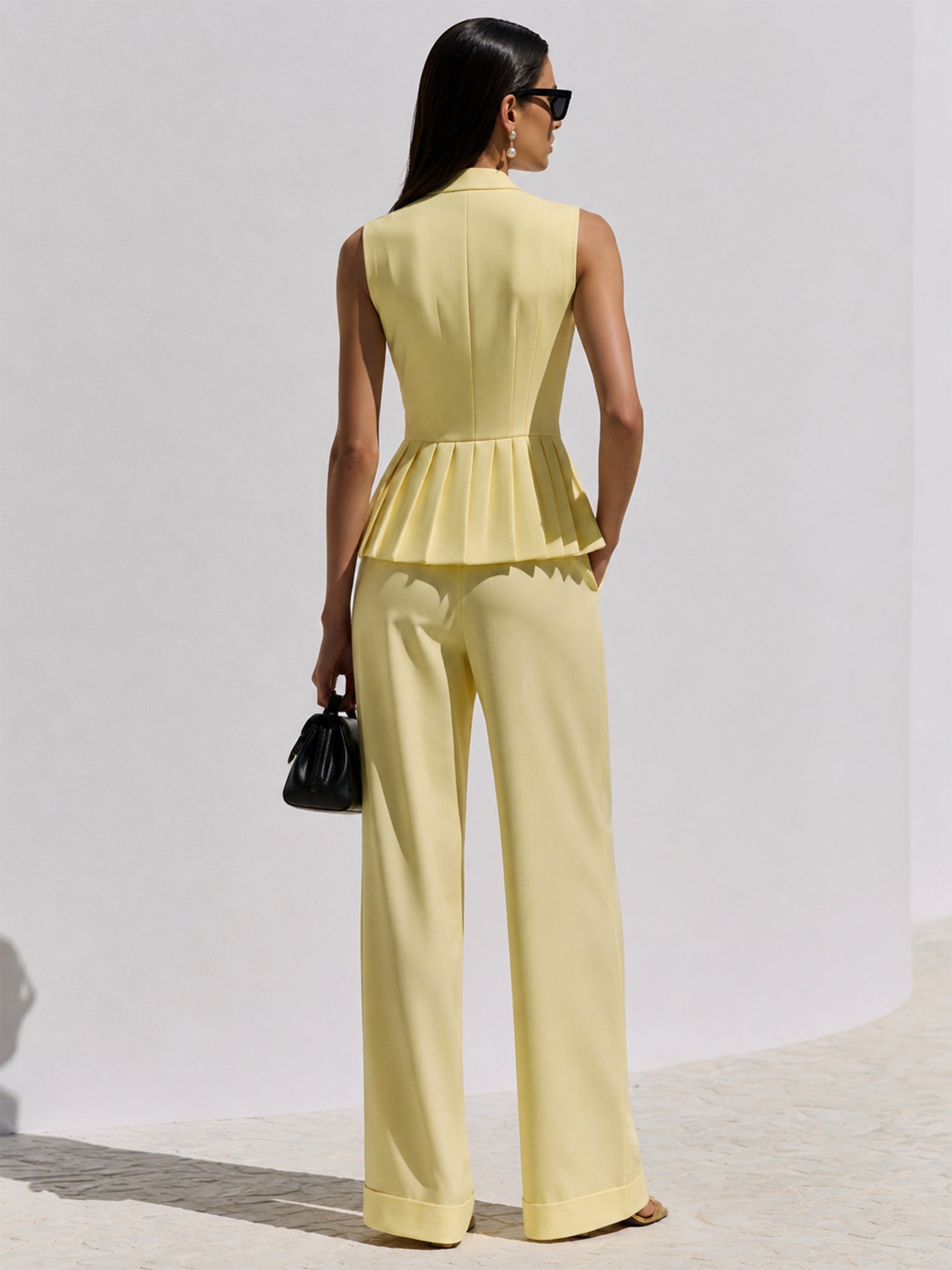Butter Yellow Tailored Pleated Waistcoat & Wide Leg Trouser Set