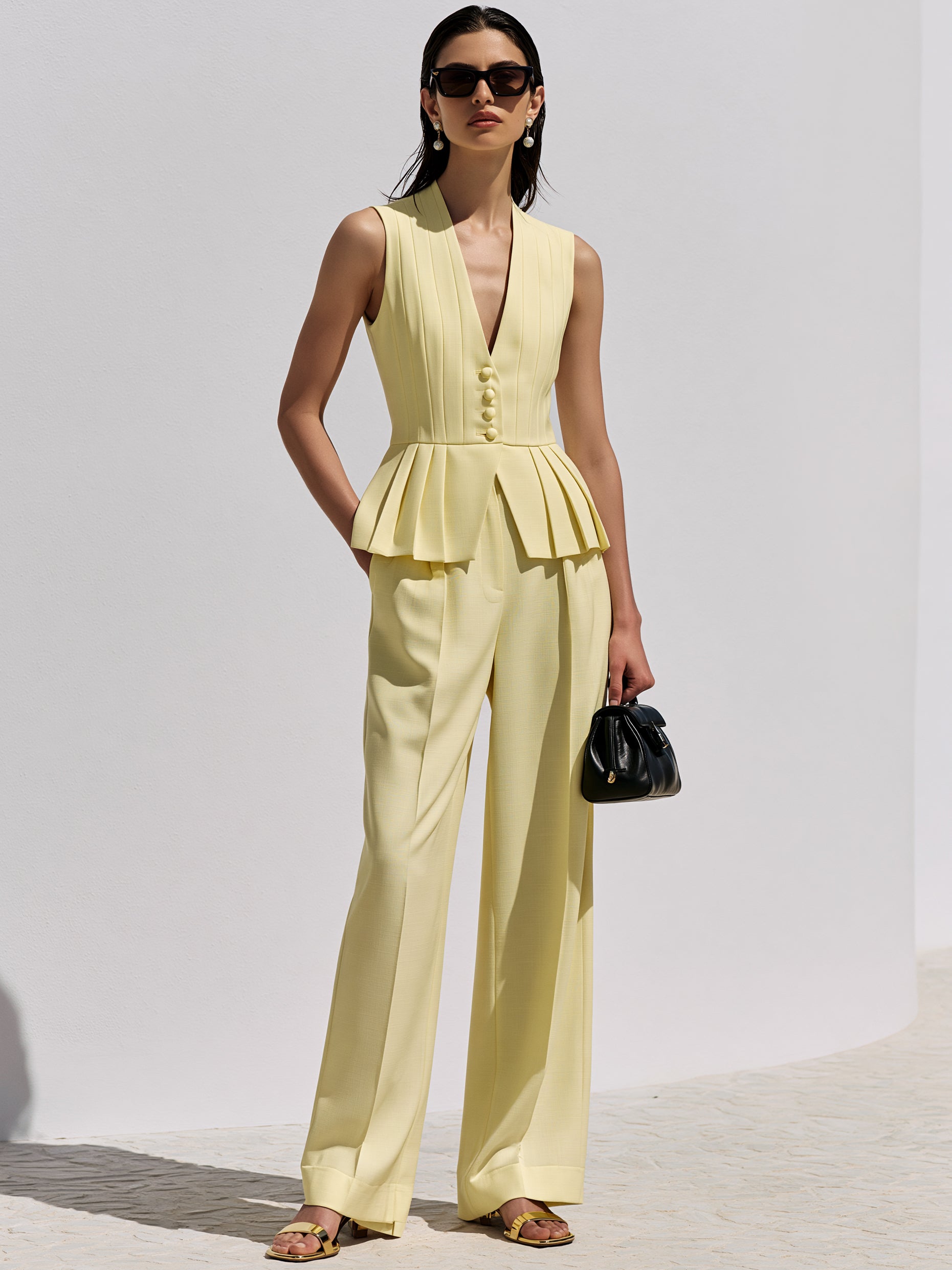 Butter Yellow Tailored Pleated Waistcoat & Wide Leg Trouser Set