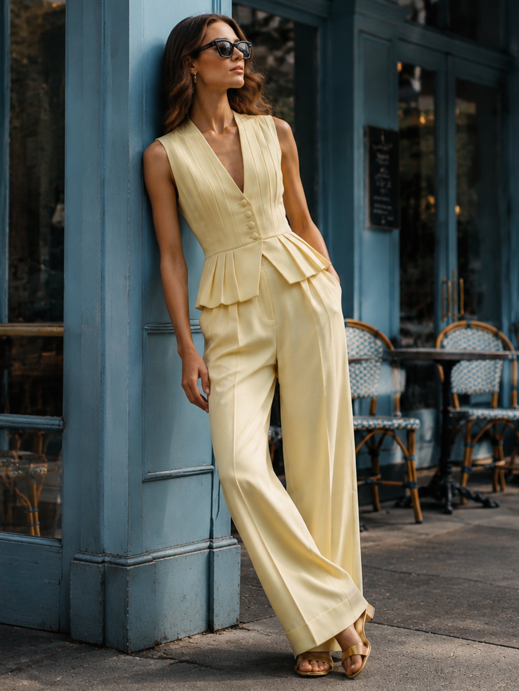 Butter Yellow Tailored Pleated Waistcoat & Wide Leg Trouser Set