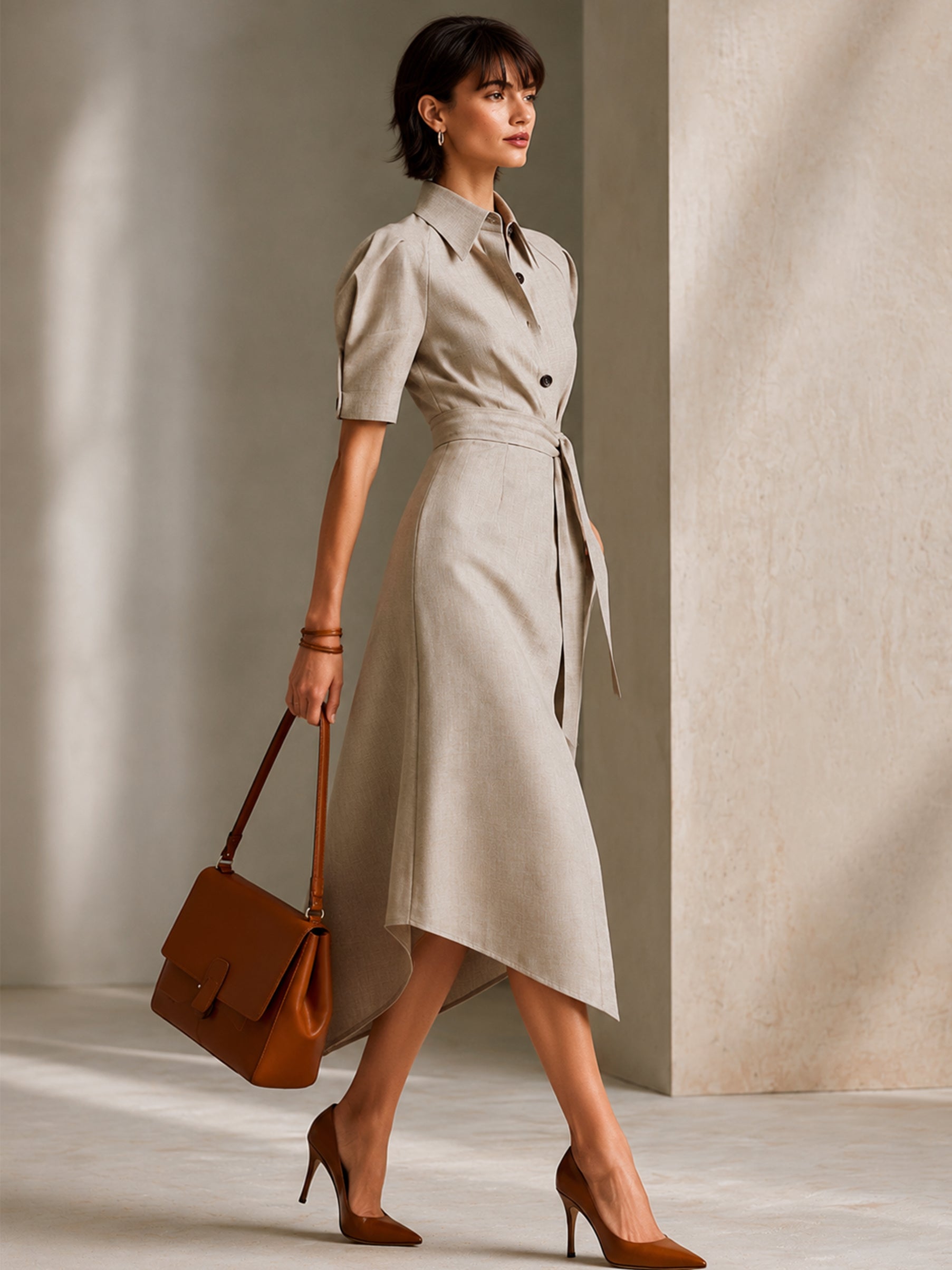 Mocha Linen Puff Sleeve Wrap Shirt Midi Dress