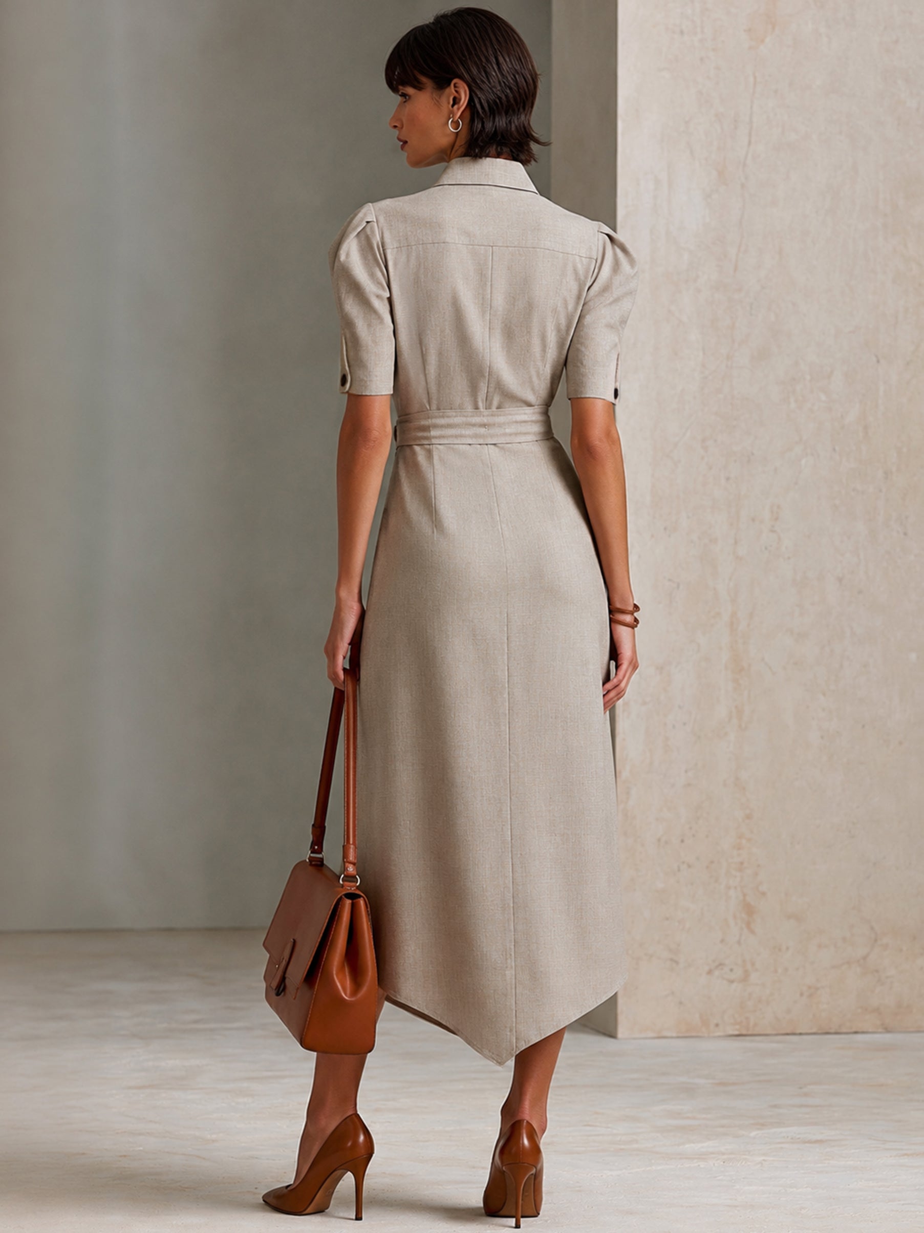 Mocha Linen Puff Sleeve Wrap Shirt Midi Dress