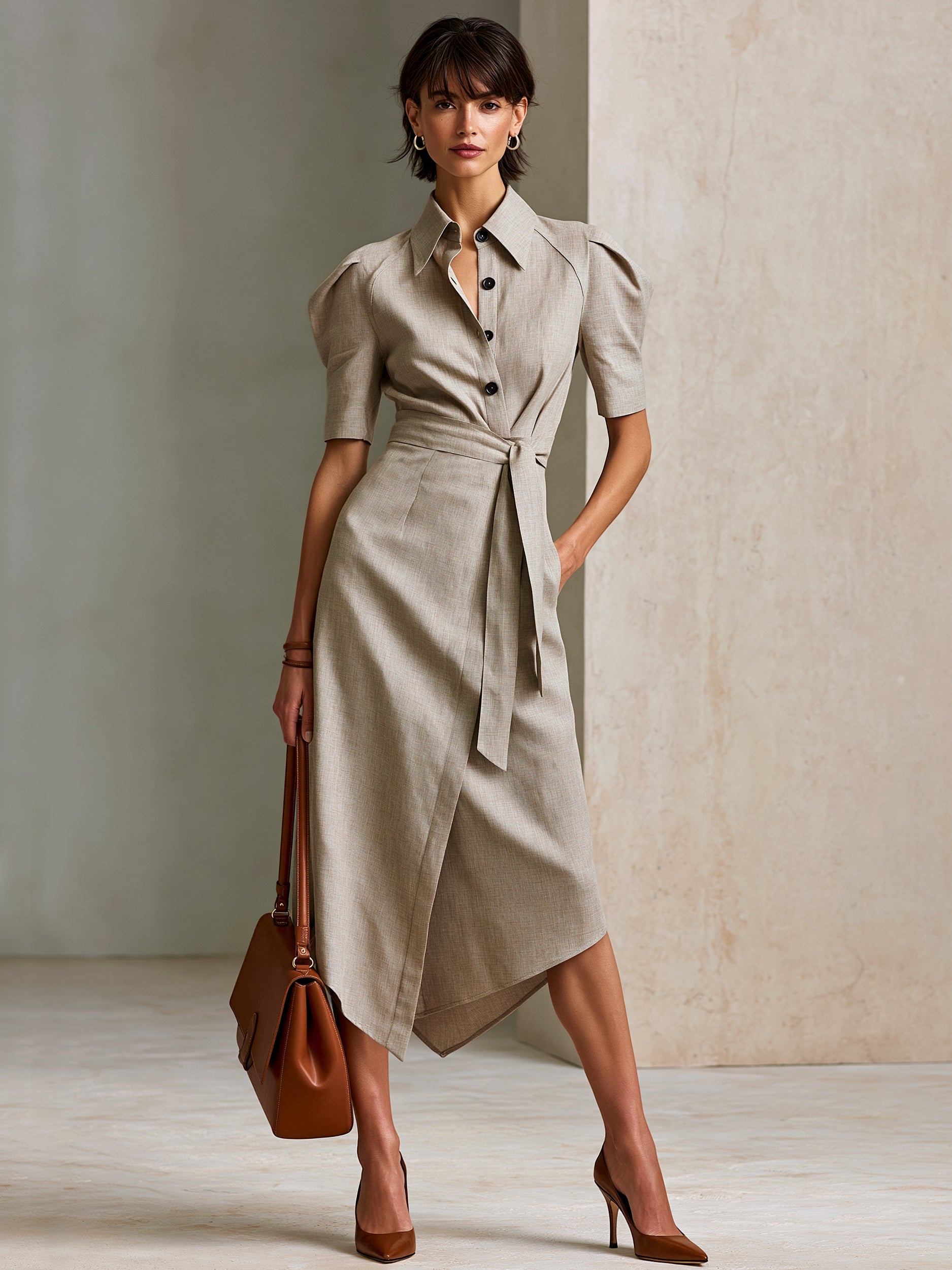 Mocha Linen Puff Sleeve Wrap Shirt Midi Dress