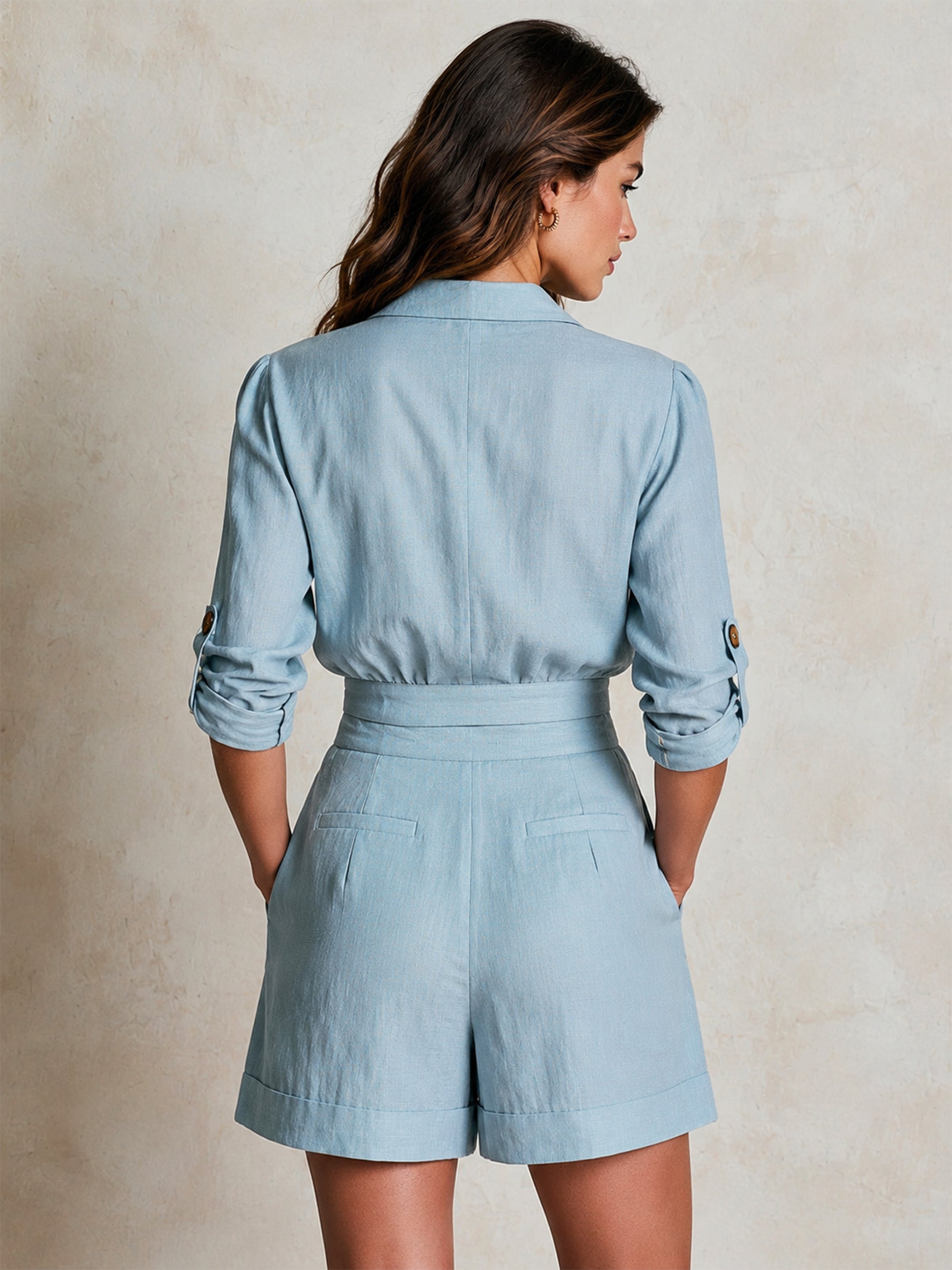 Dusty Sky Linen Three-quarter Sleeve Shirt & Pleated Cuffed Short Set