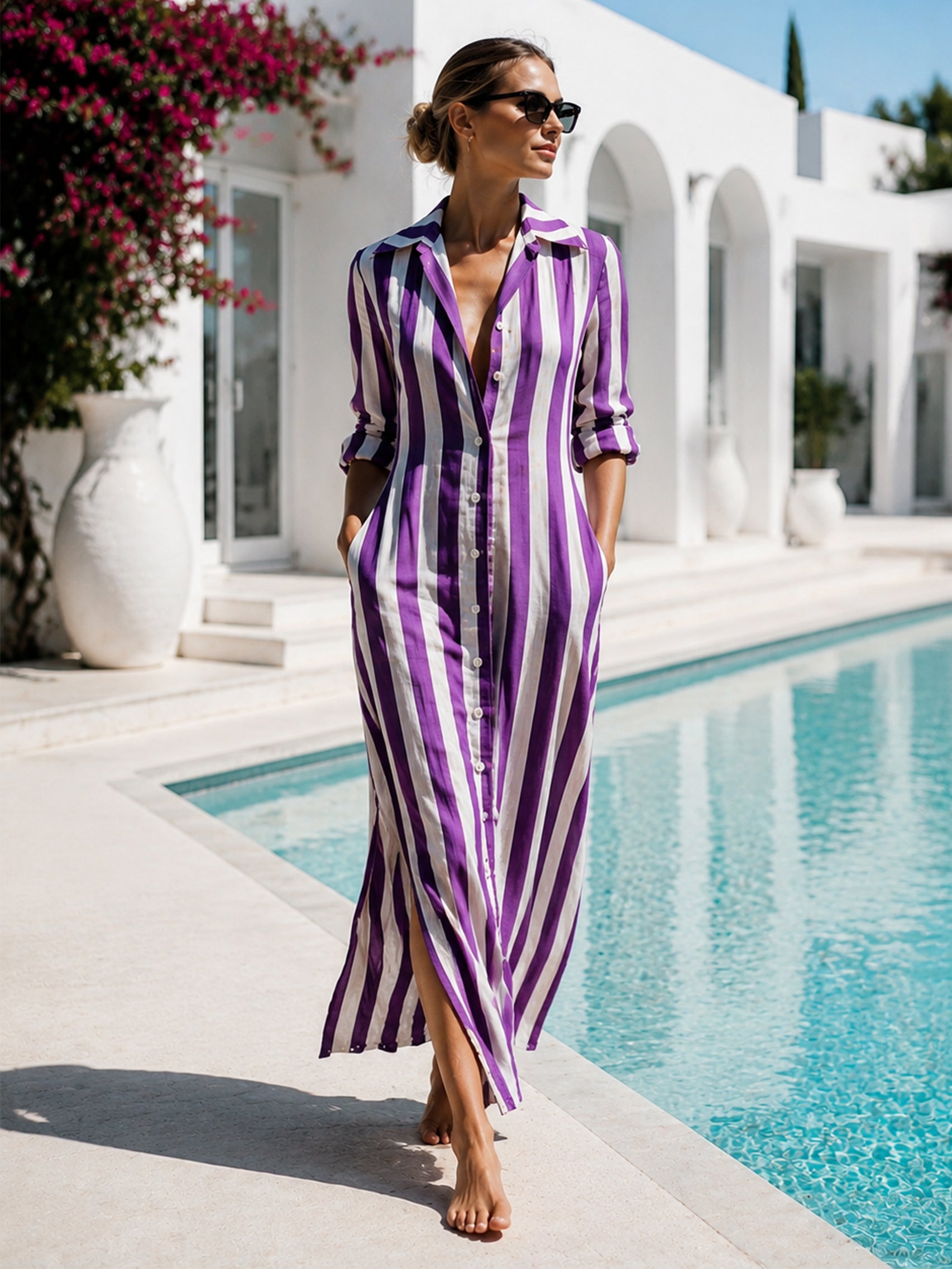 Violet White Stripe Cotton Shirt Midi Dress