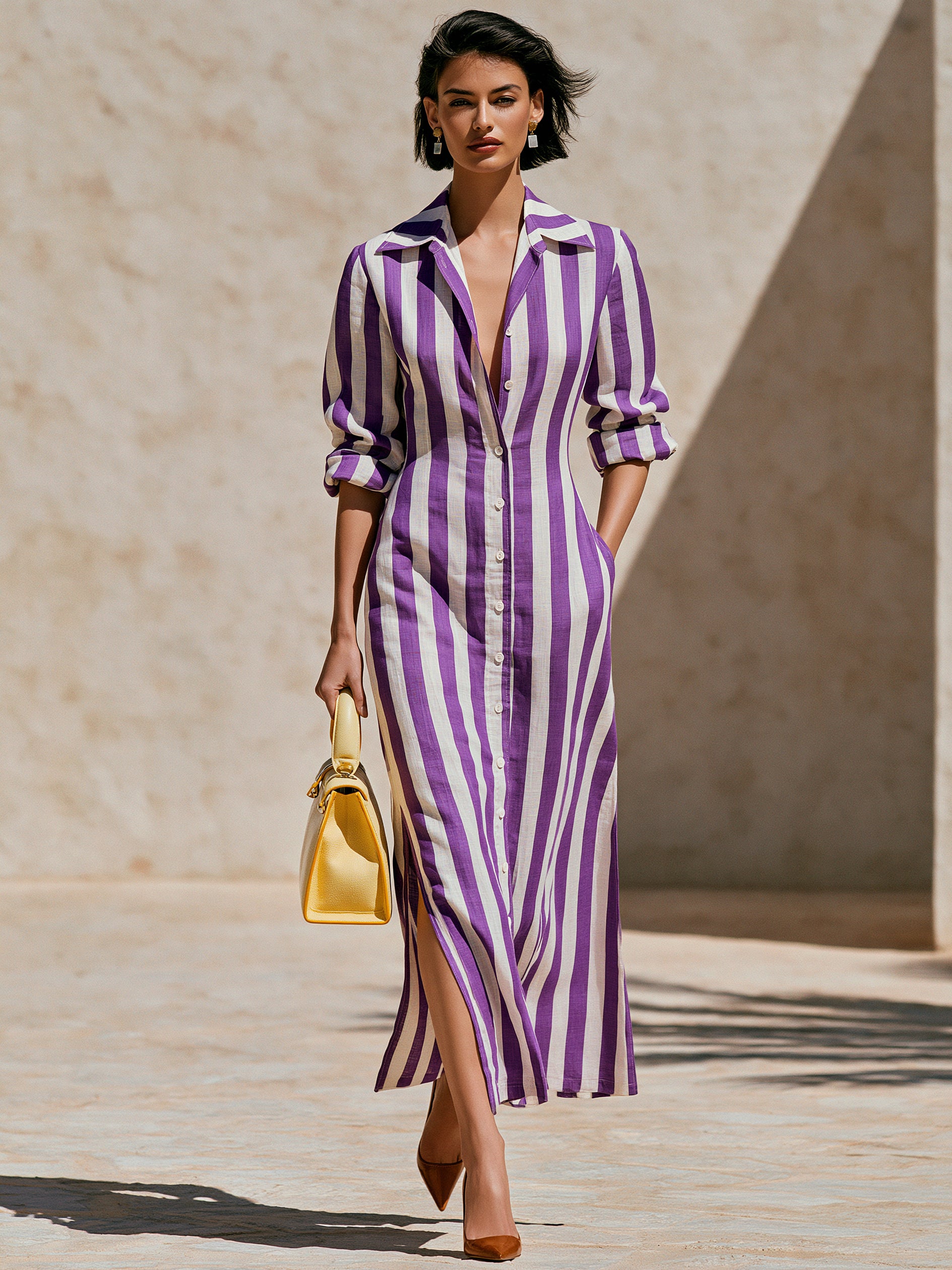 Violet White Stripe Cotton Shirt Midi Dress