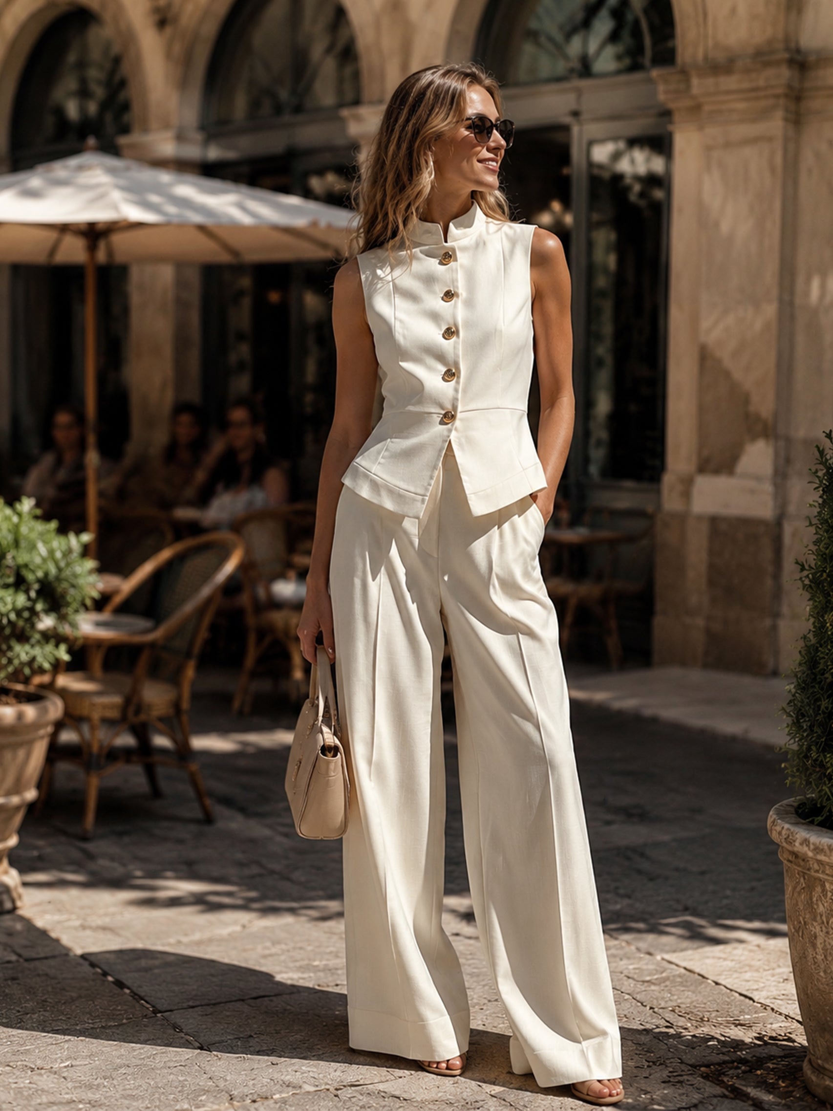 Ivory Stand Collar Waistcoat &  Wide Leg Trouser Set