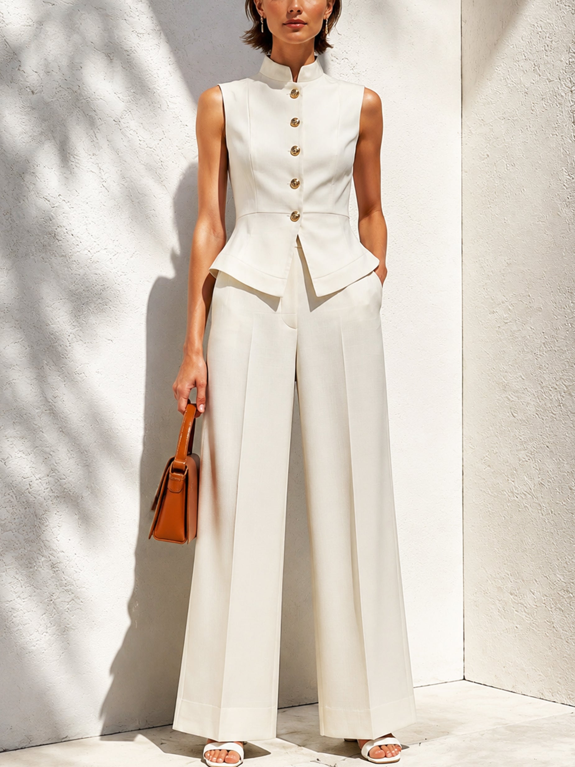 Ivory Stand Collar Waistcoat &  Wide Leg Trouser Set