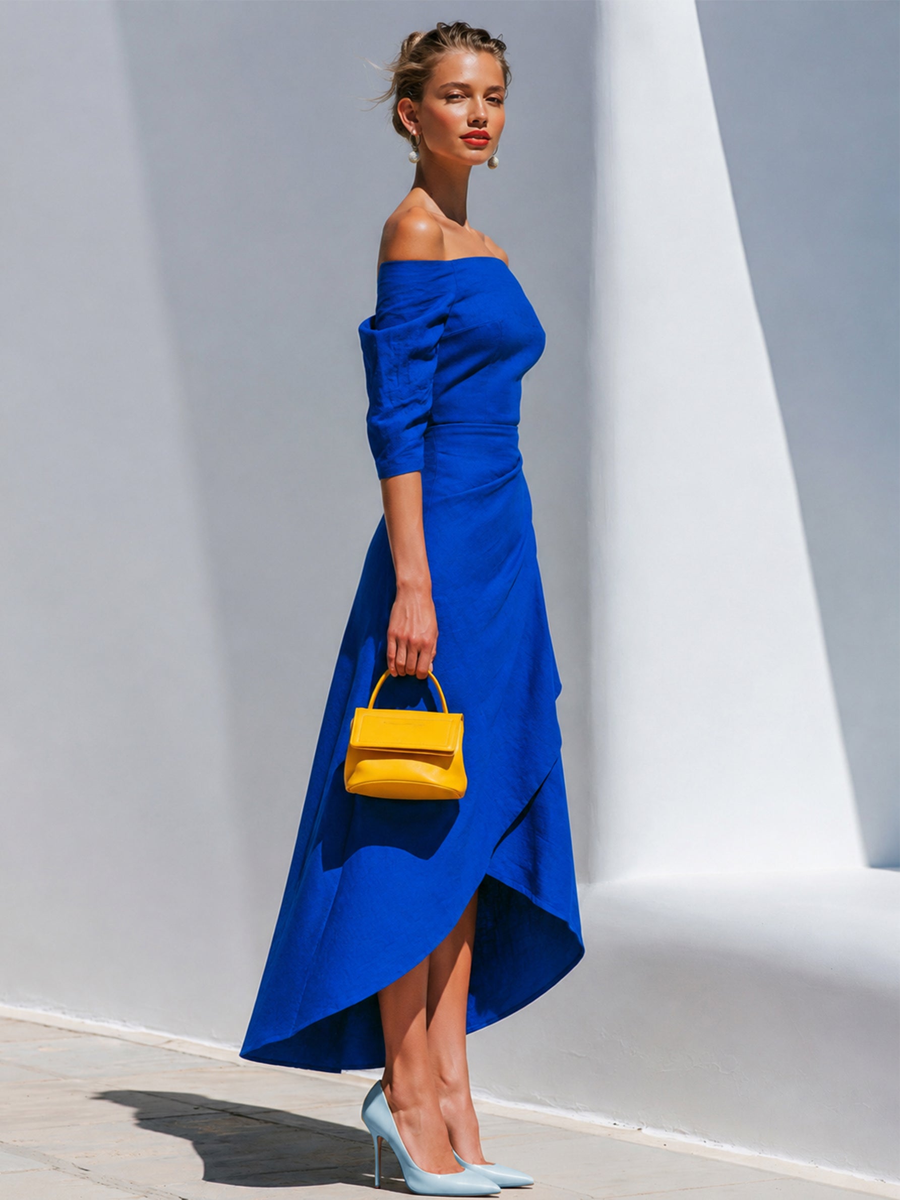 Cobalt Blue Linen Three-quarter Sleeve Off-Shoulder Asymmetric Wrap Midi Dress